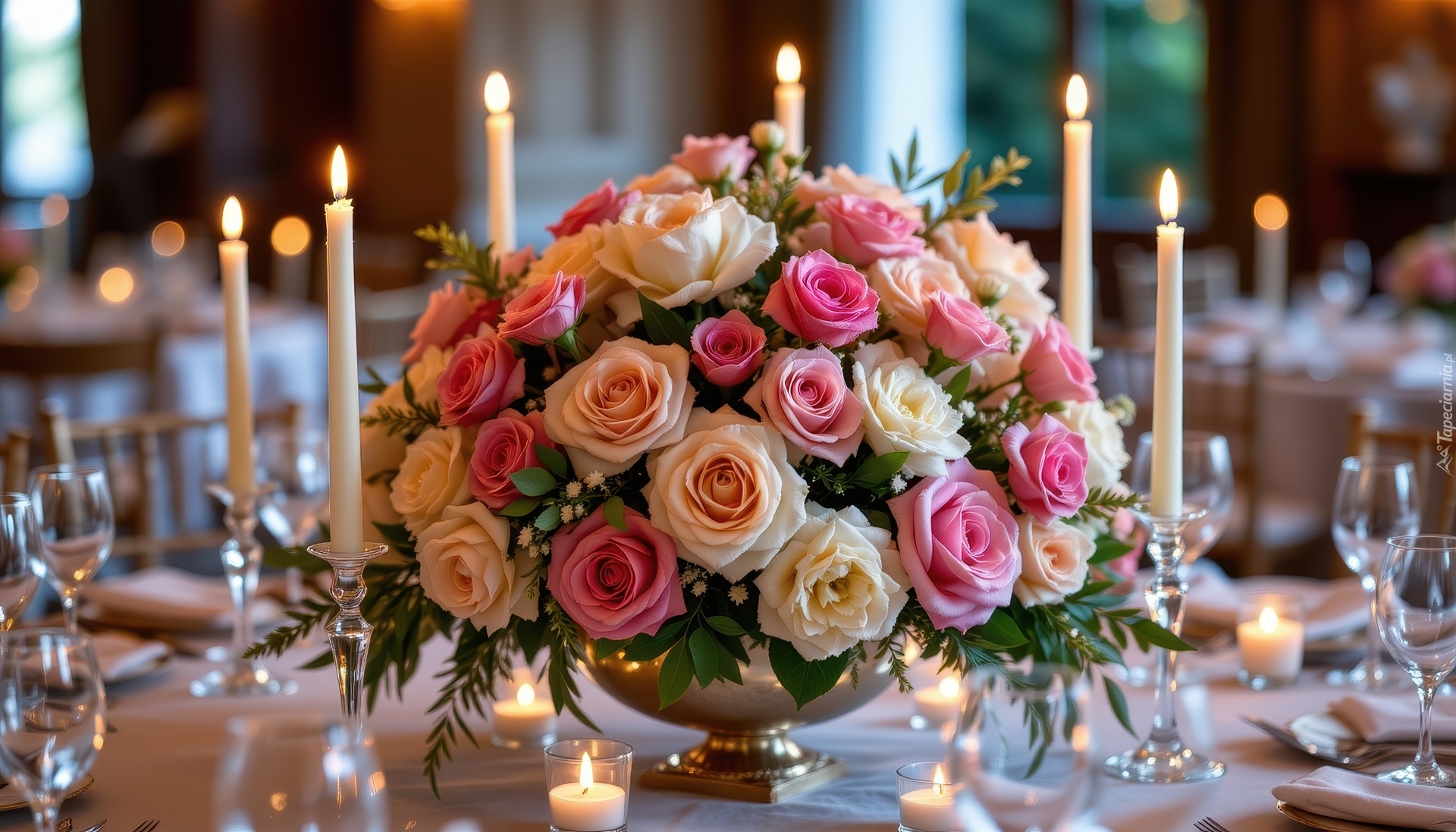 Róże, Bukiet, Świece, Stół, Grafika AI