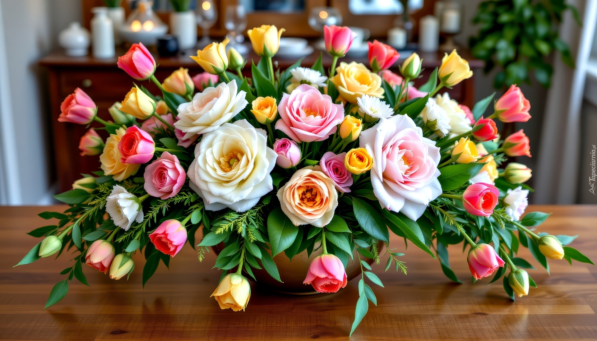 Bukiet, Kwiaty, Róże, Blat, Grafika AI