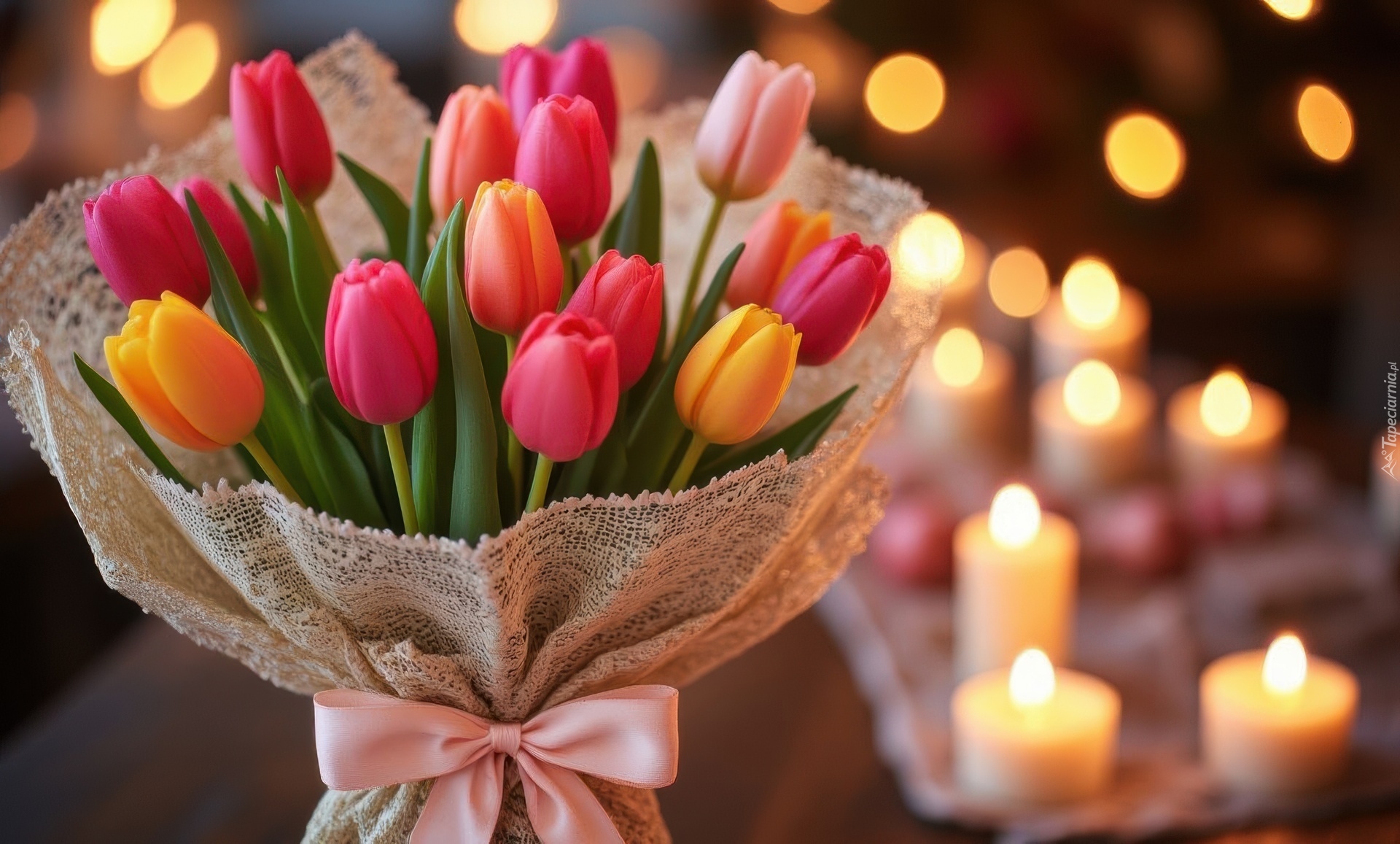 Bukiet, Kolorowe, Tulipany, Tkanina, Kokarda, Świeczki