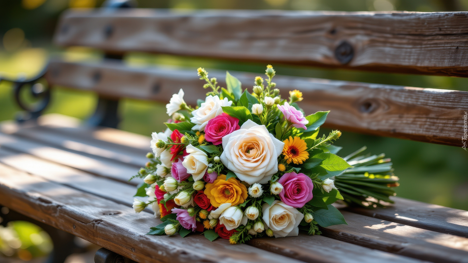Kolorowe, Kwiaty, Bukiet, Drewniana, Ławka, AI