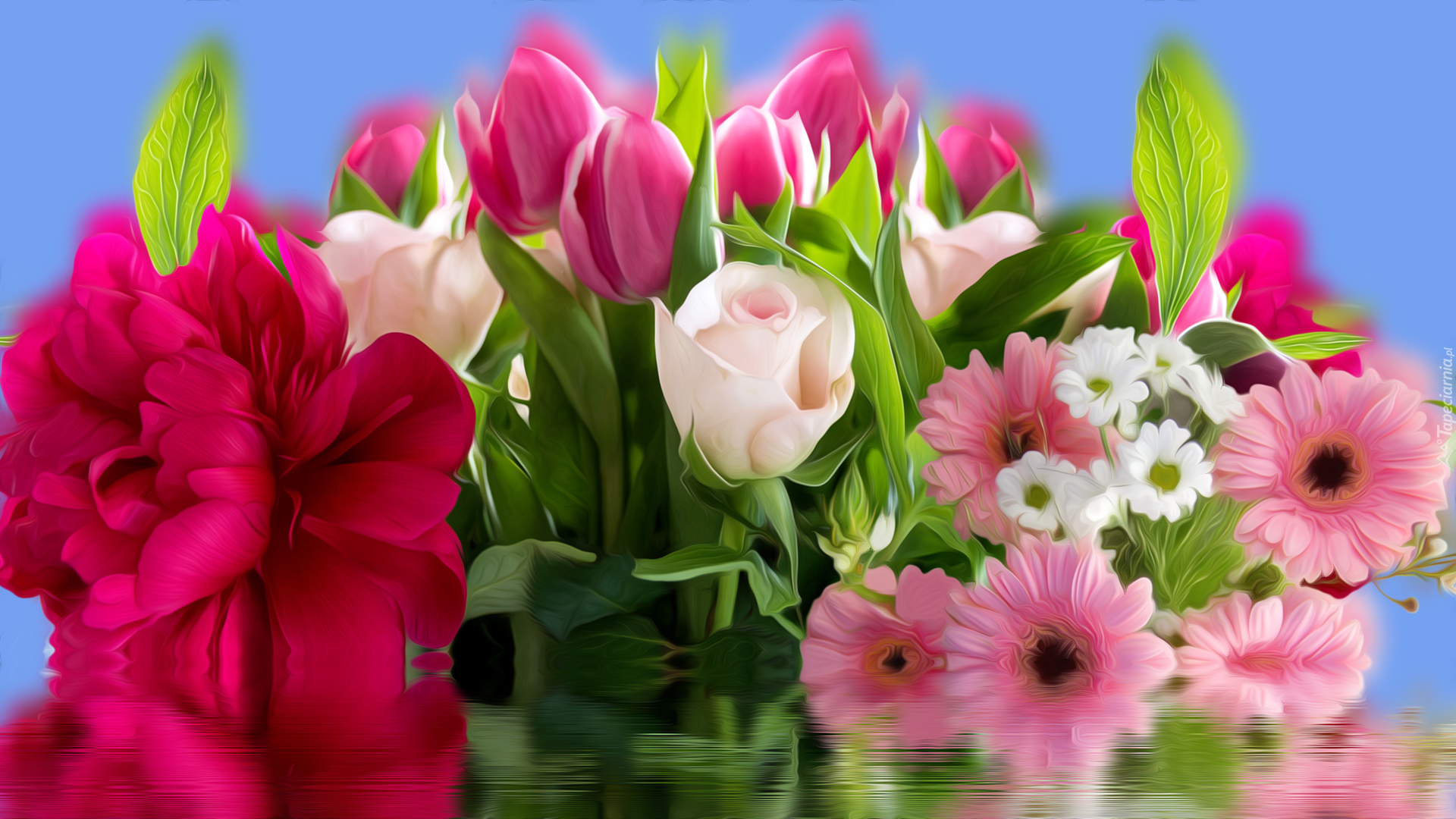 Kwiaty, Róże, Tulipany, Gerbery, Piwonia, Grafika