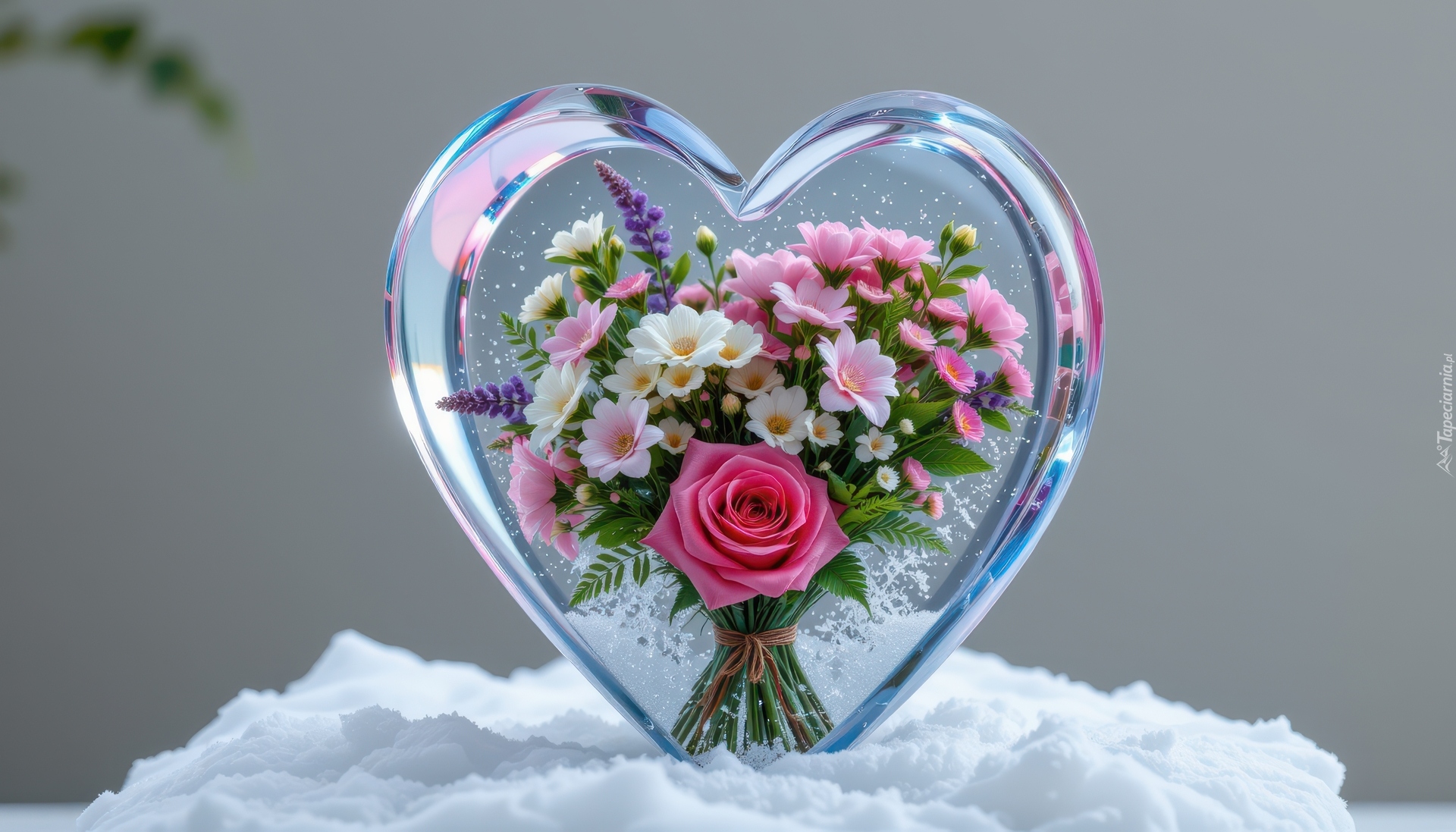 Zima, Kwiaty, Szklane, Serce, Śnieg