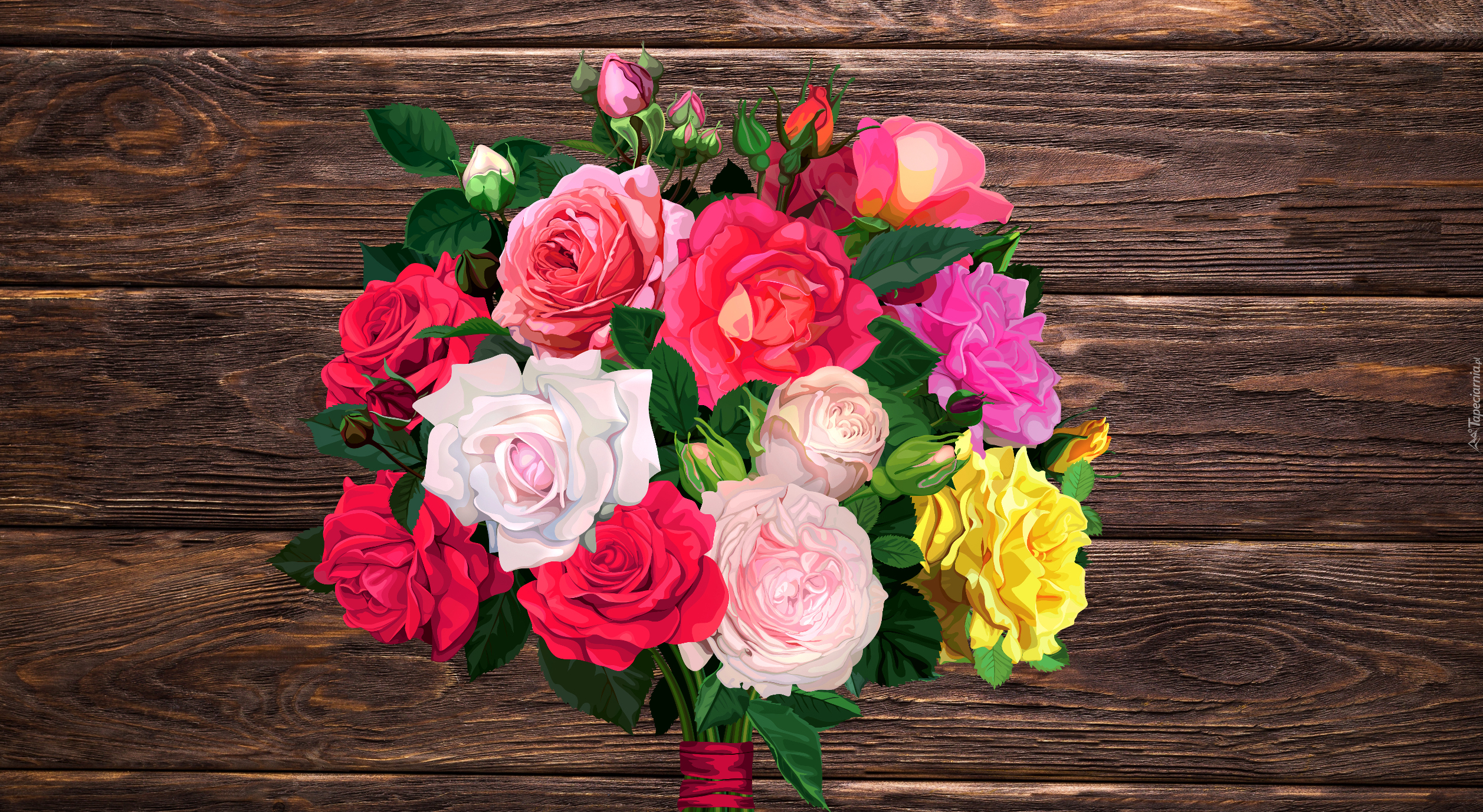 Bukiet, Kolorowe, Róże, Deski