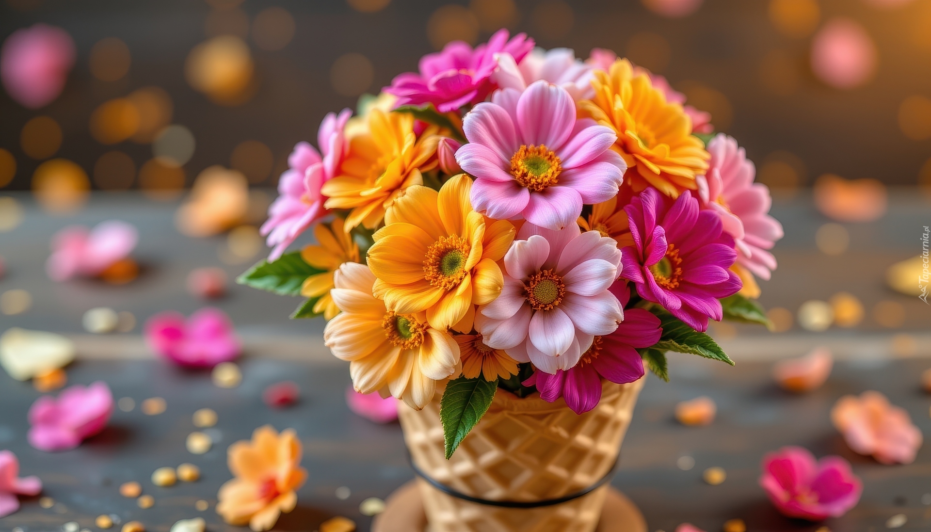 Kolorowe, Kwiaty, Bukiet, Rożek, Wafel