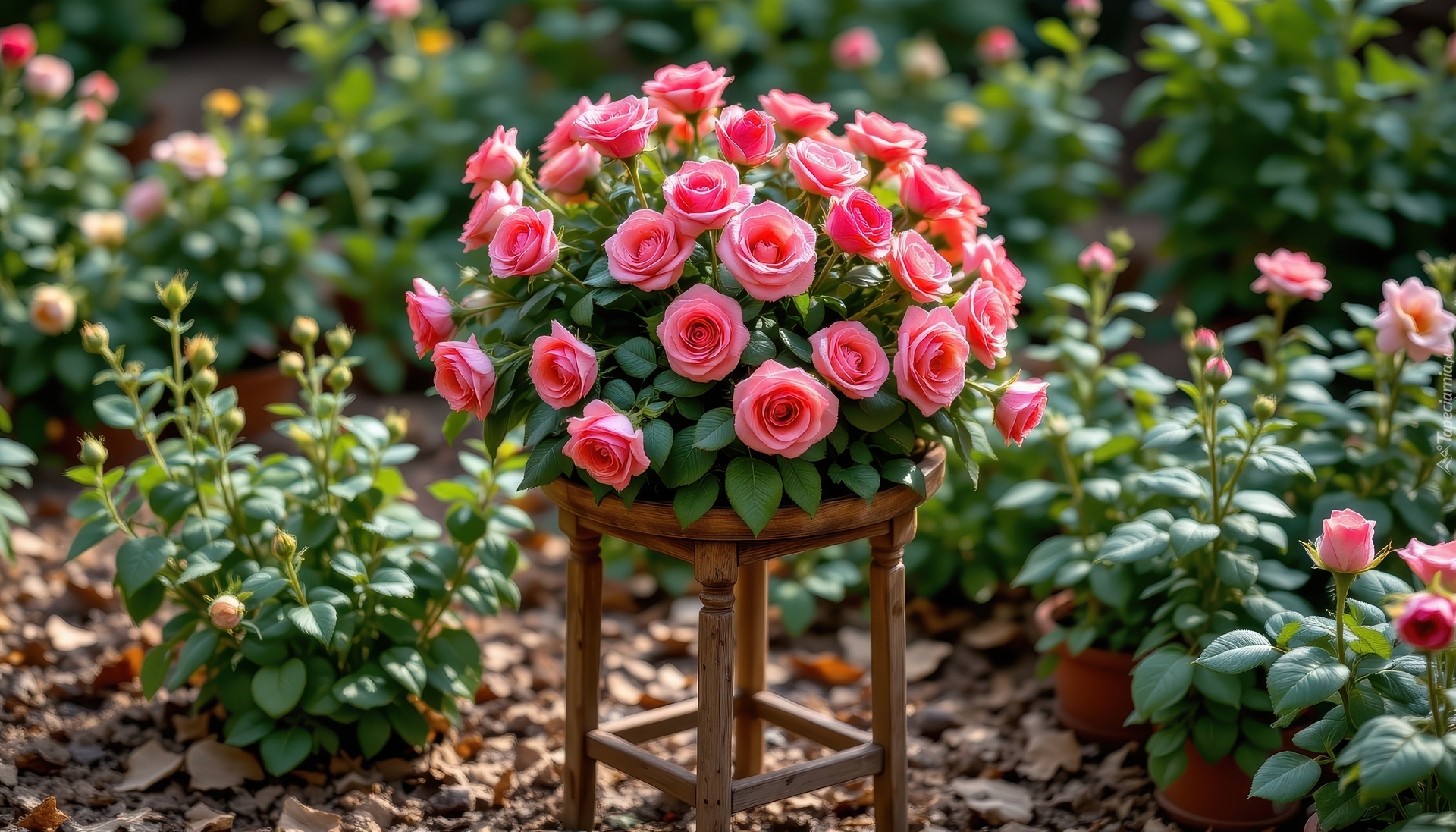 Różowe, Róże, Liście, Kwietnik, Ogród