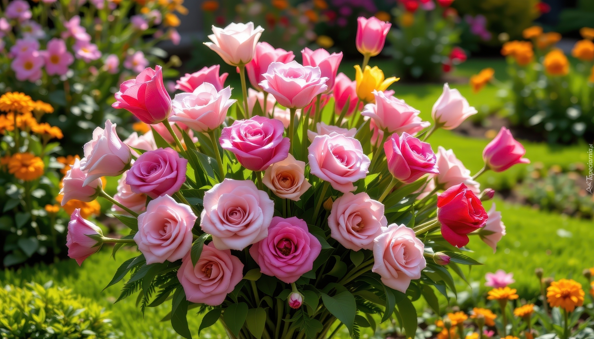 Bukiet, Różowe, Róże, Ogród