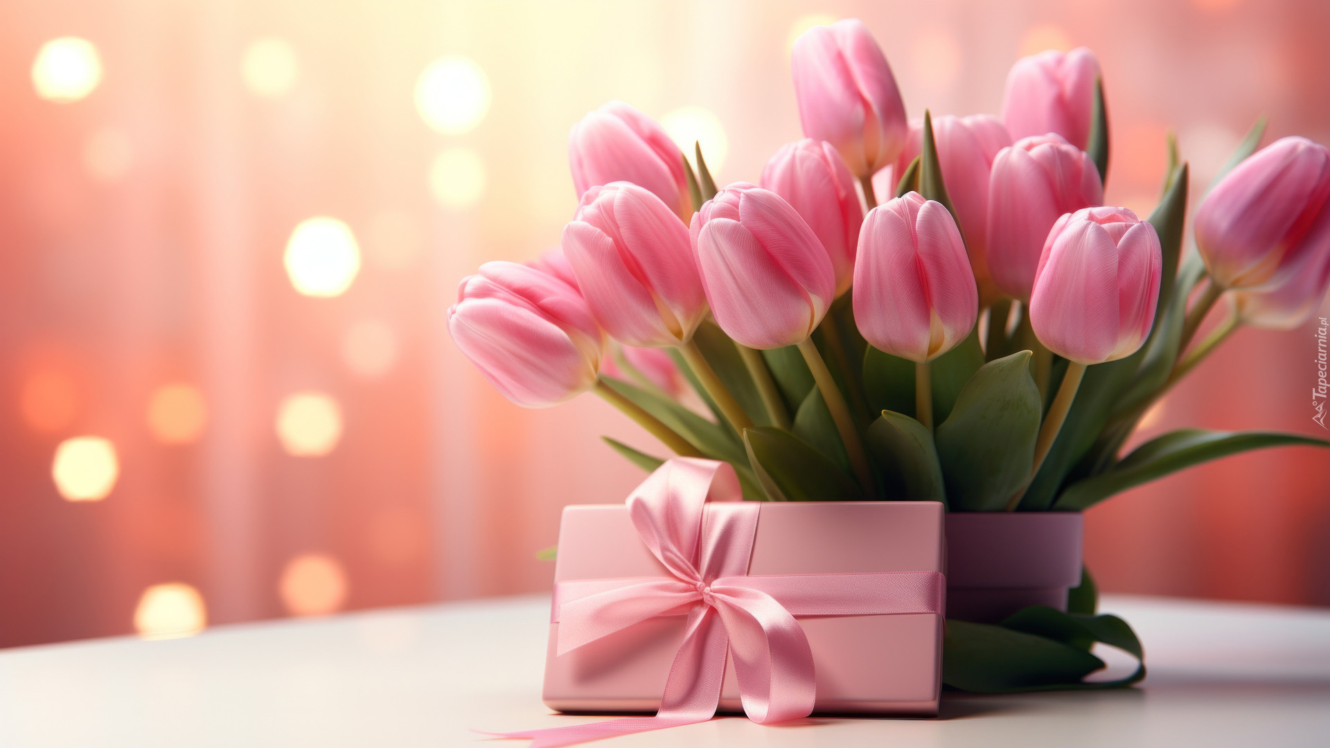Kwiaty, Tulipany, Różowe, Pudełko, Prezent, Tło