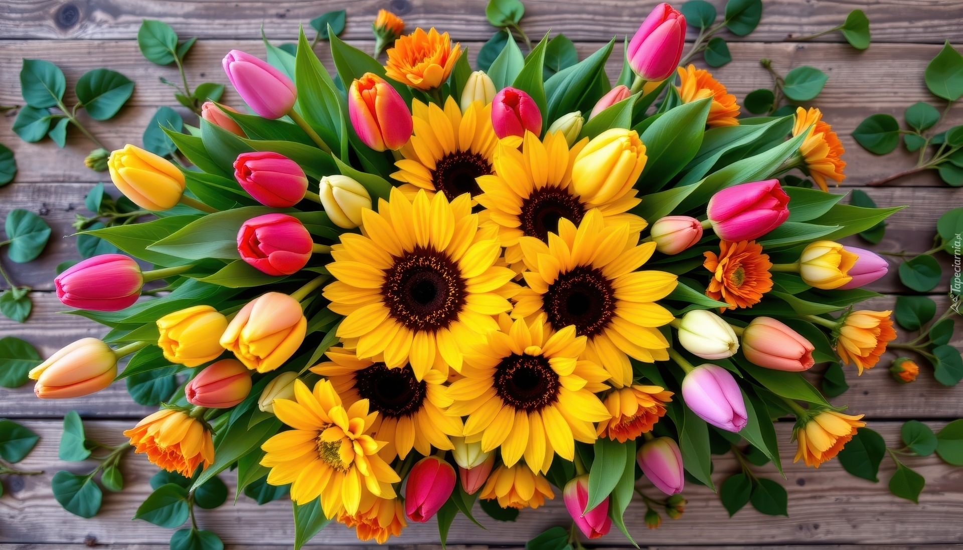 Bukiet kwiatów, Tulipany, Słoneczniki