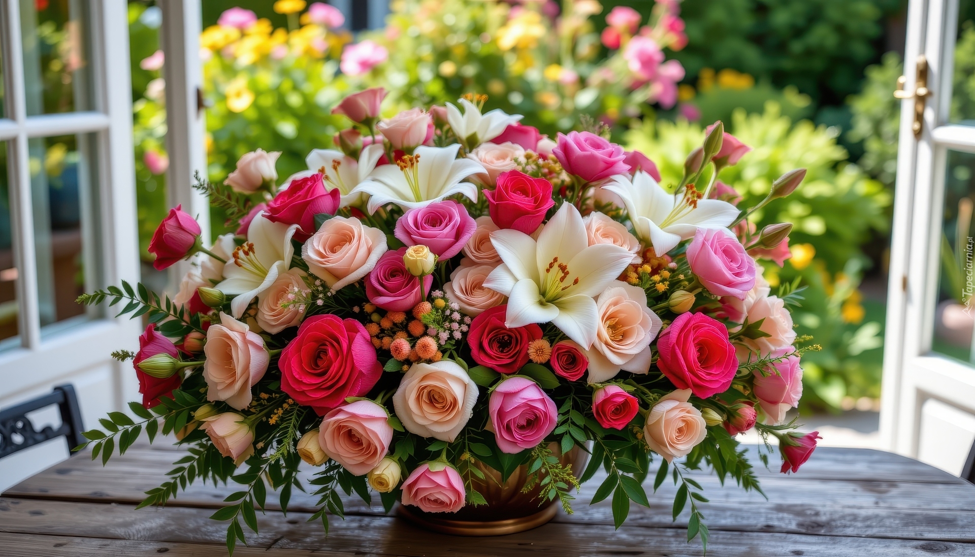 Kwiaty, Róże, Lilie, Bukiet, Stół, Okno