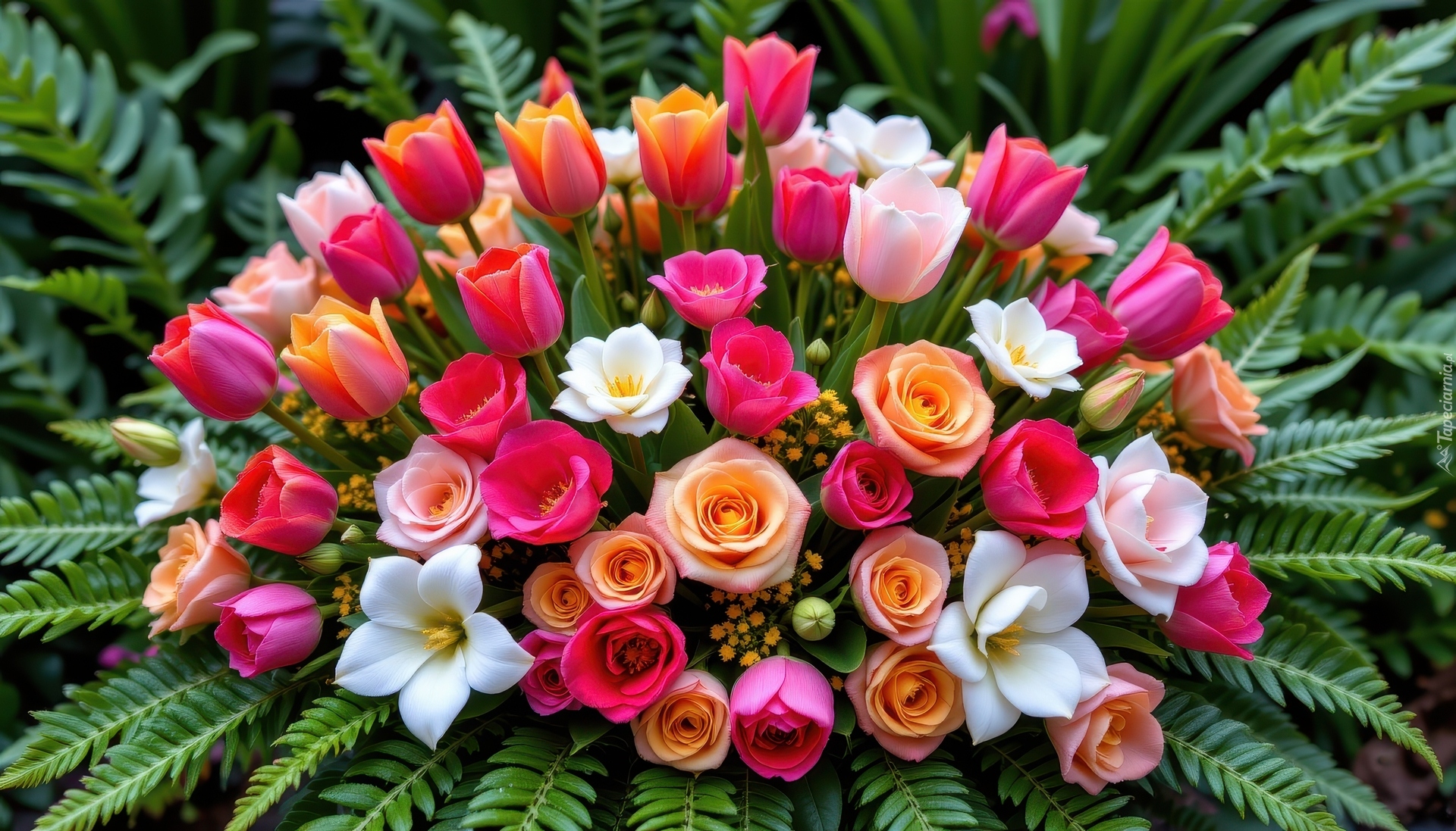 Bukiet, Kwiaty, Róże, Tulipany, Listki