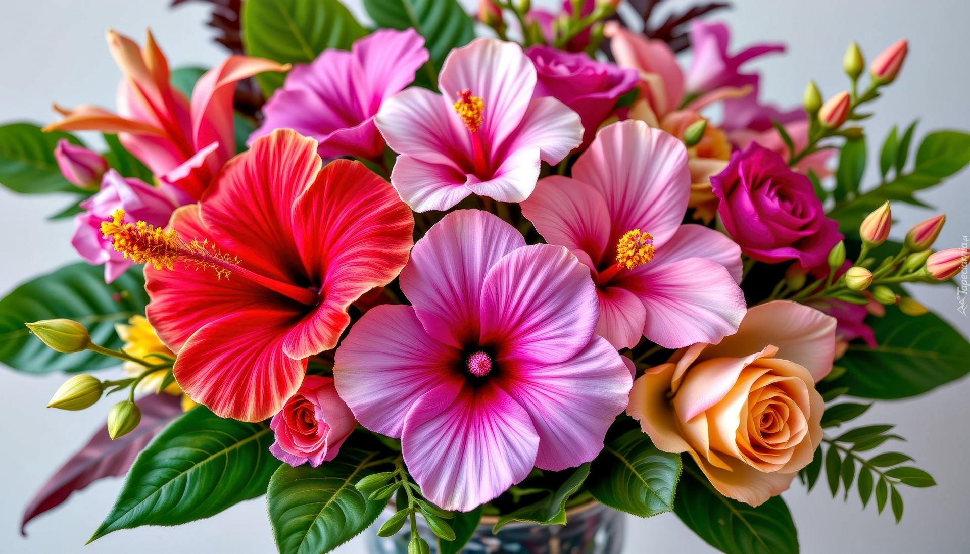Kwiaty, Hibiskusy, Róże, Bukiet, Grafika AI