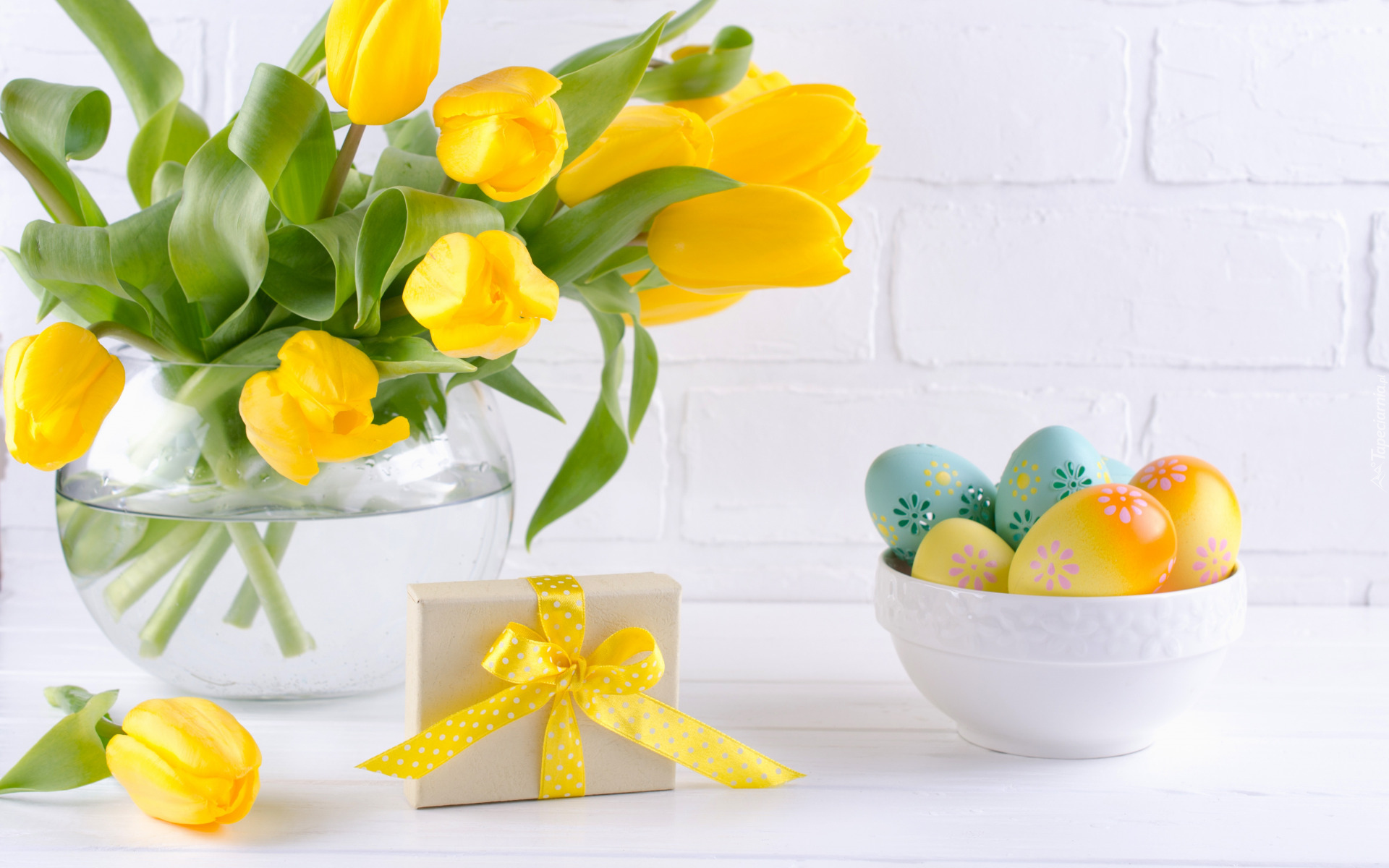 Wielkanoc, Żółte, Tulipany, Prezent, Pisanki