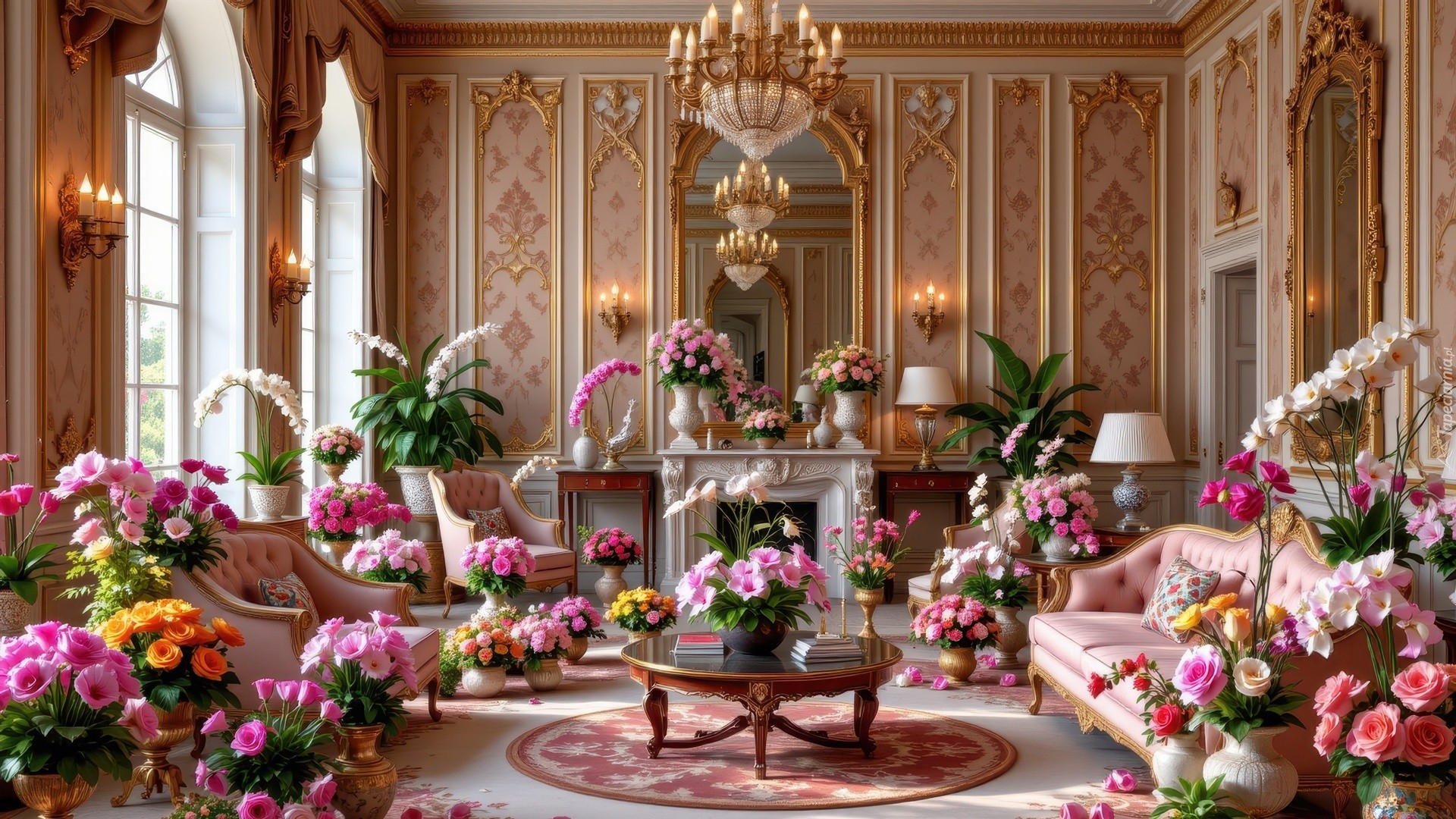 Salon, Bukiety, Kolorowe, Kwiaty, Sofa, Stół, Fotele, Żyrandol, Kinkiety