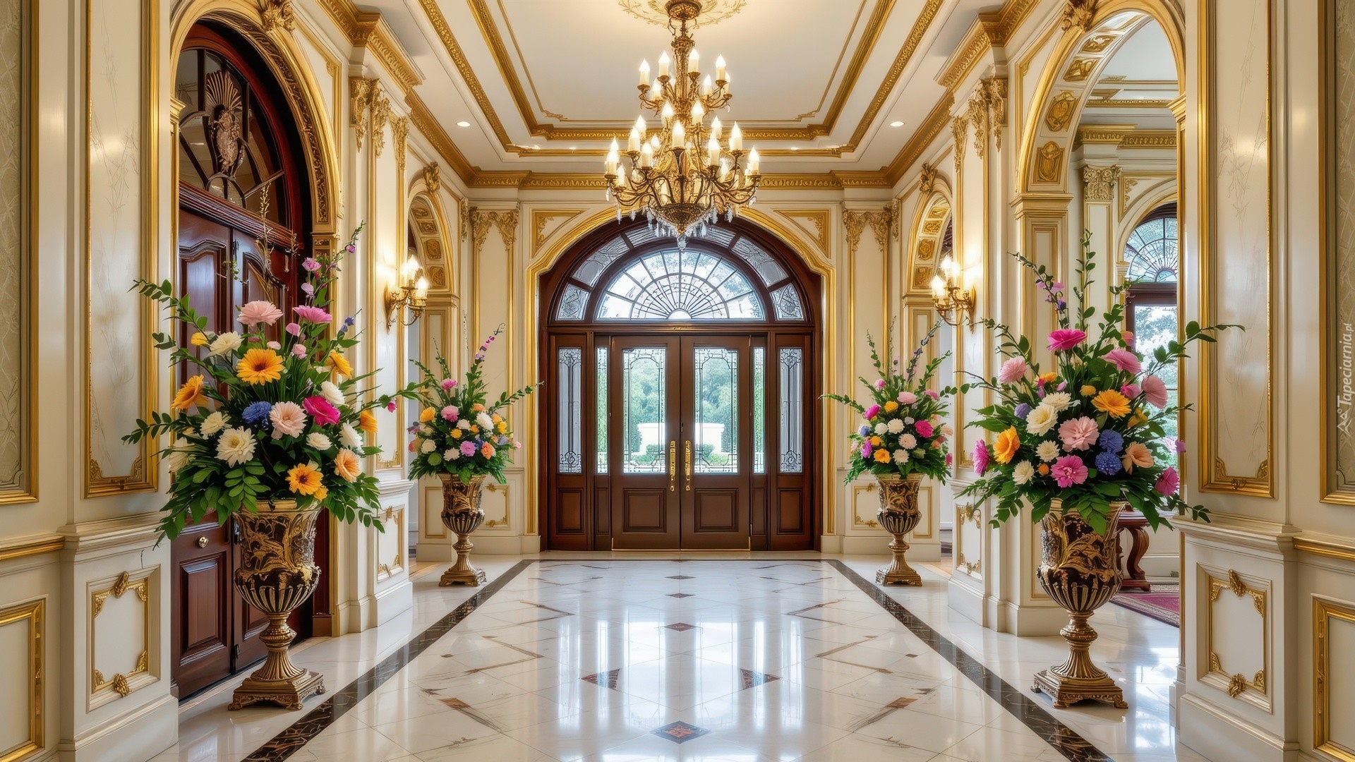 Hol, Bukiety, Kolorowe, Kwiaty, Wazony, Żyrandol, Drzwi