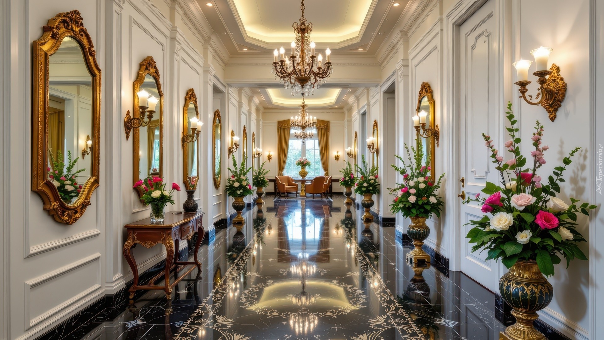 Hol, Wazony, Bukiety, Kolorowe, Kwiaty, Kinkiety, Lustra, Żyrandol, Fotele, Stolik