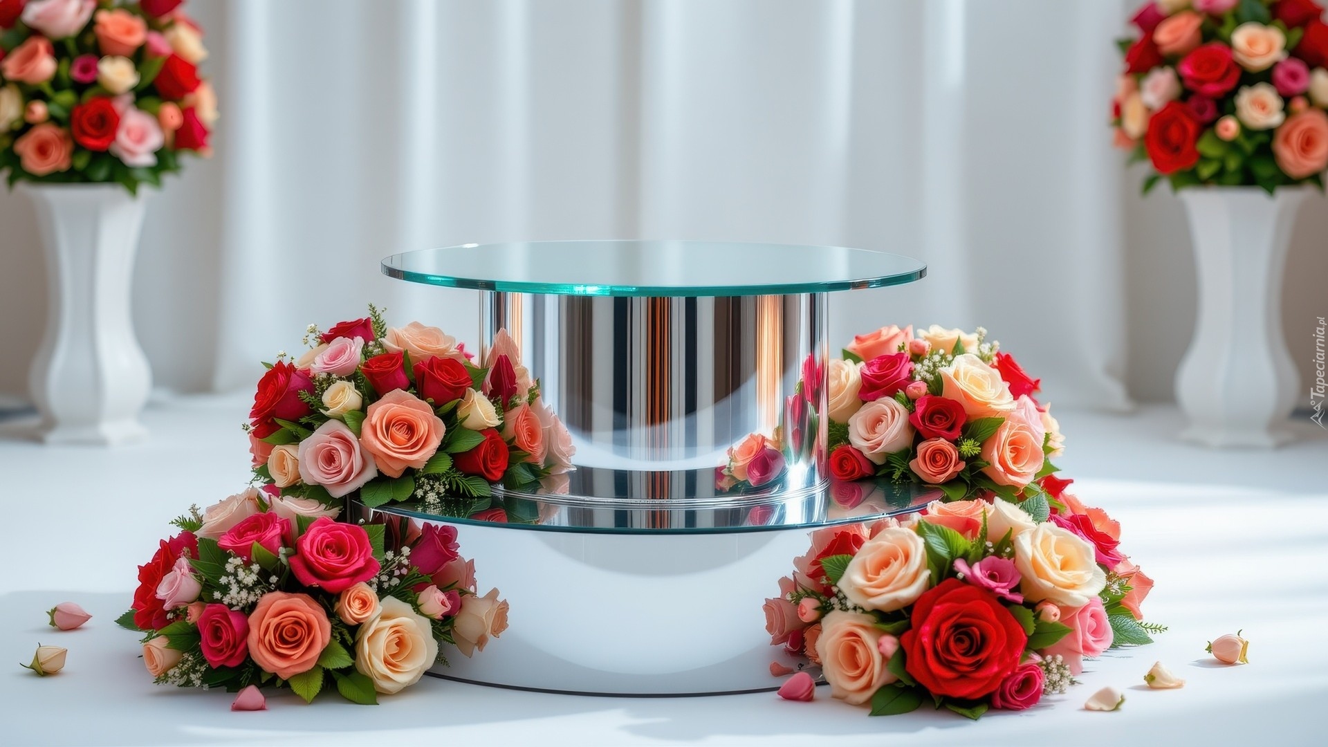 Szklane, Podium, Bukiety, Kolorowe, Róże