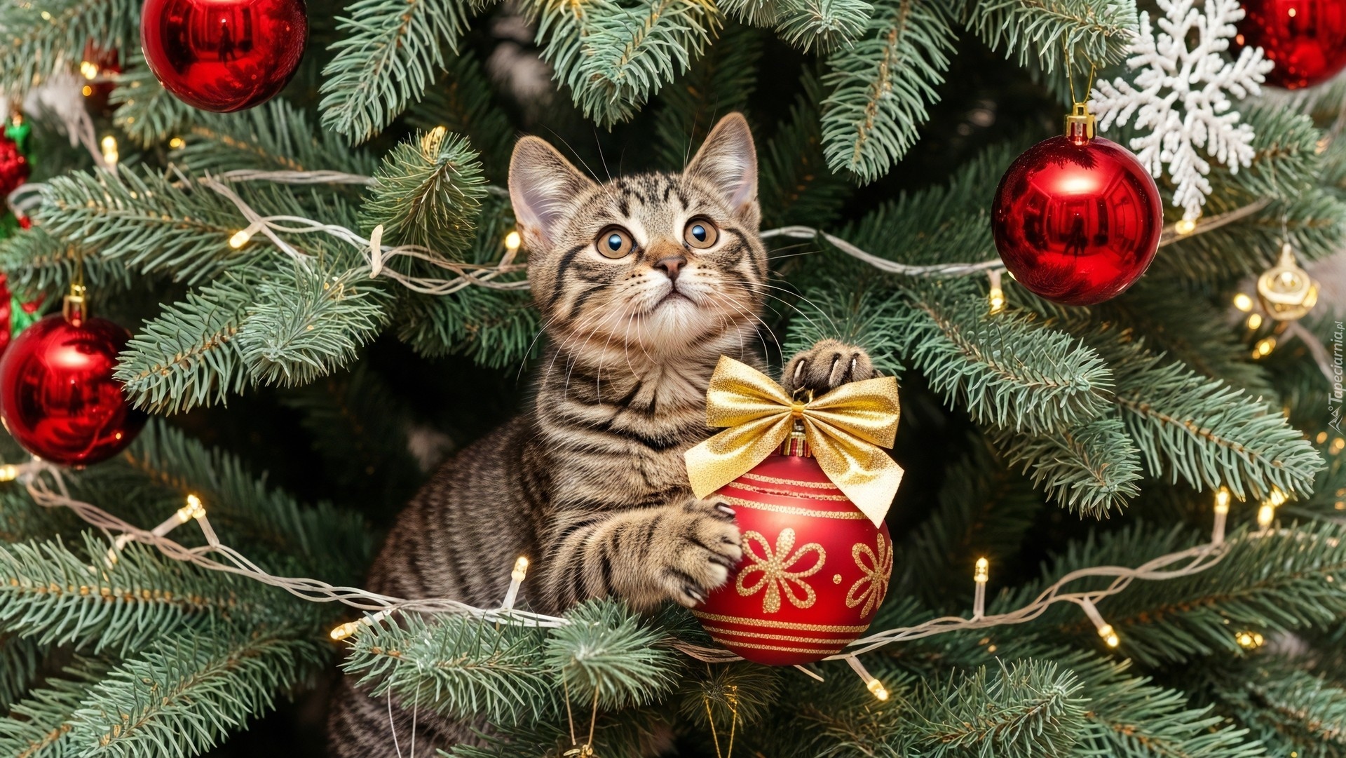 Kot, Świerkowe, Gałązki, Bombki, Światełka, Boże Narodzenie