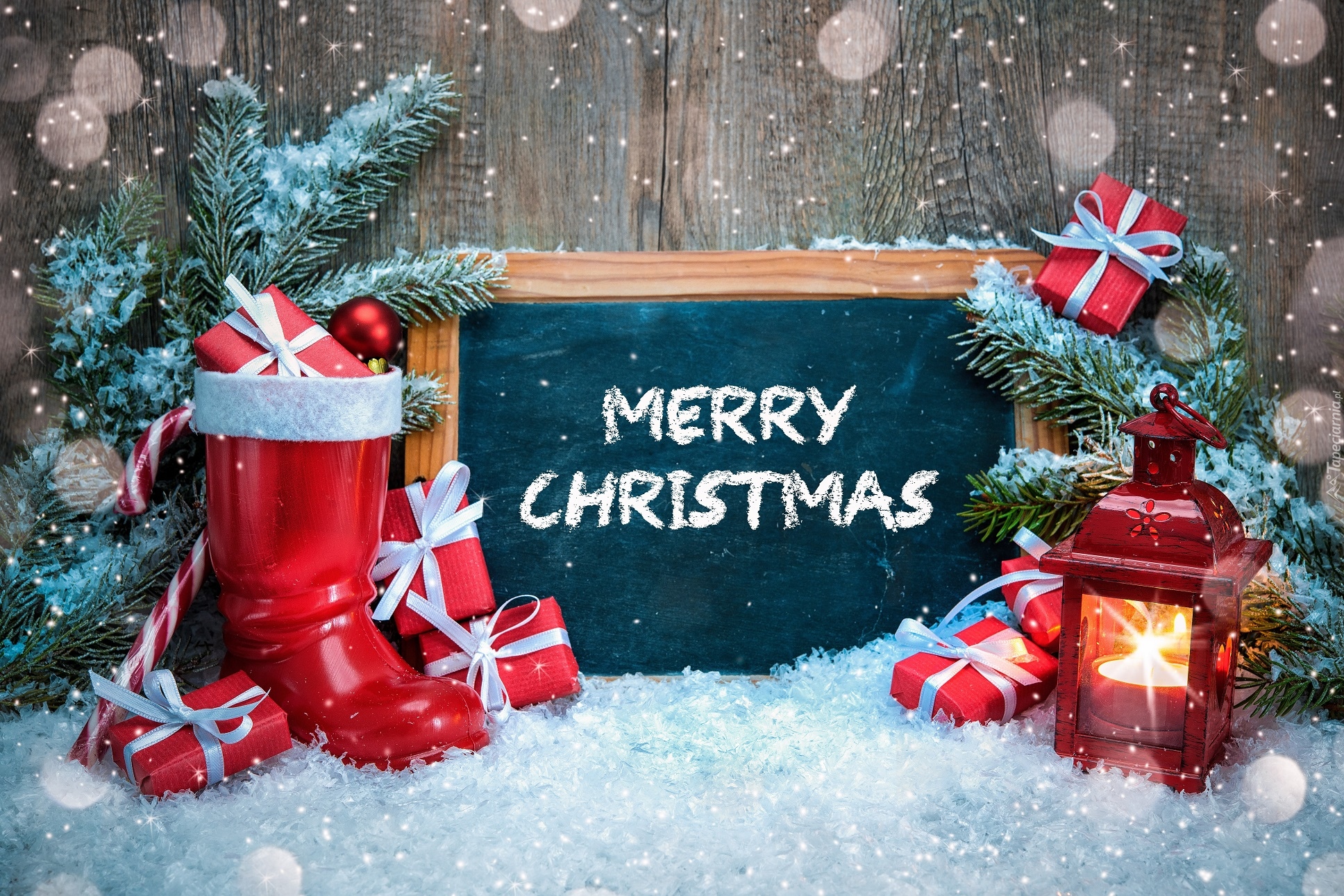 Kompozycja, Boże Narodzenie, Śnieg, Gałązki, Świerka, But, Prezenty, Lampion, Tablica, Napis, Merry Christmas