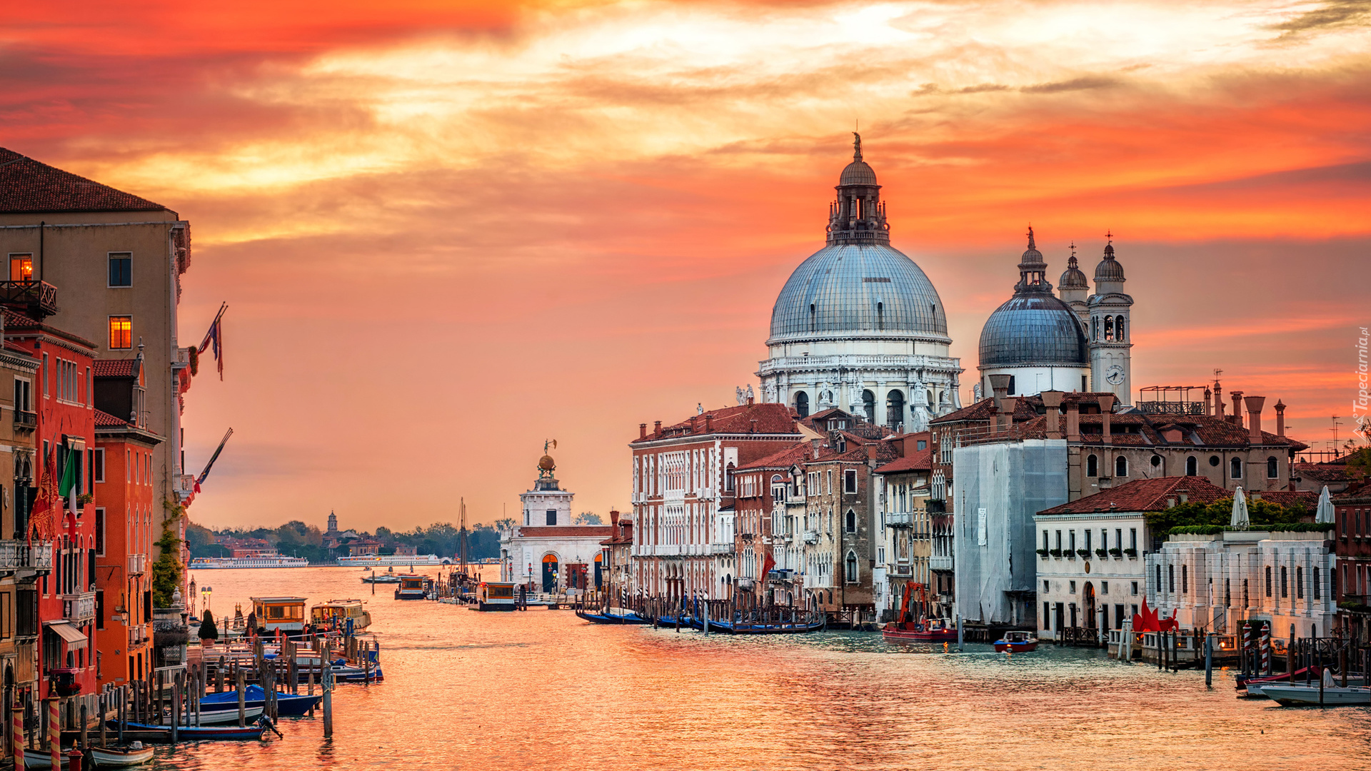  Włochy, Wenecja, Kanał Canal Grande, Bazylika św. Marka, Domy, Zachód słońca