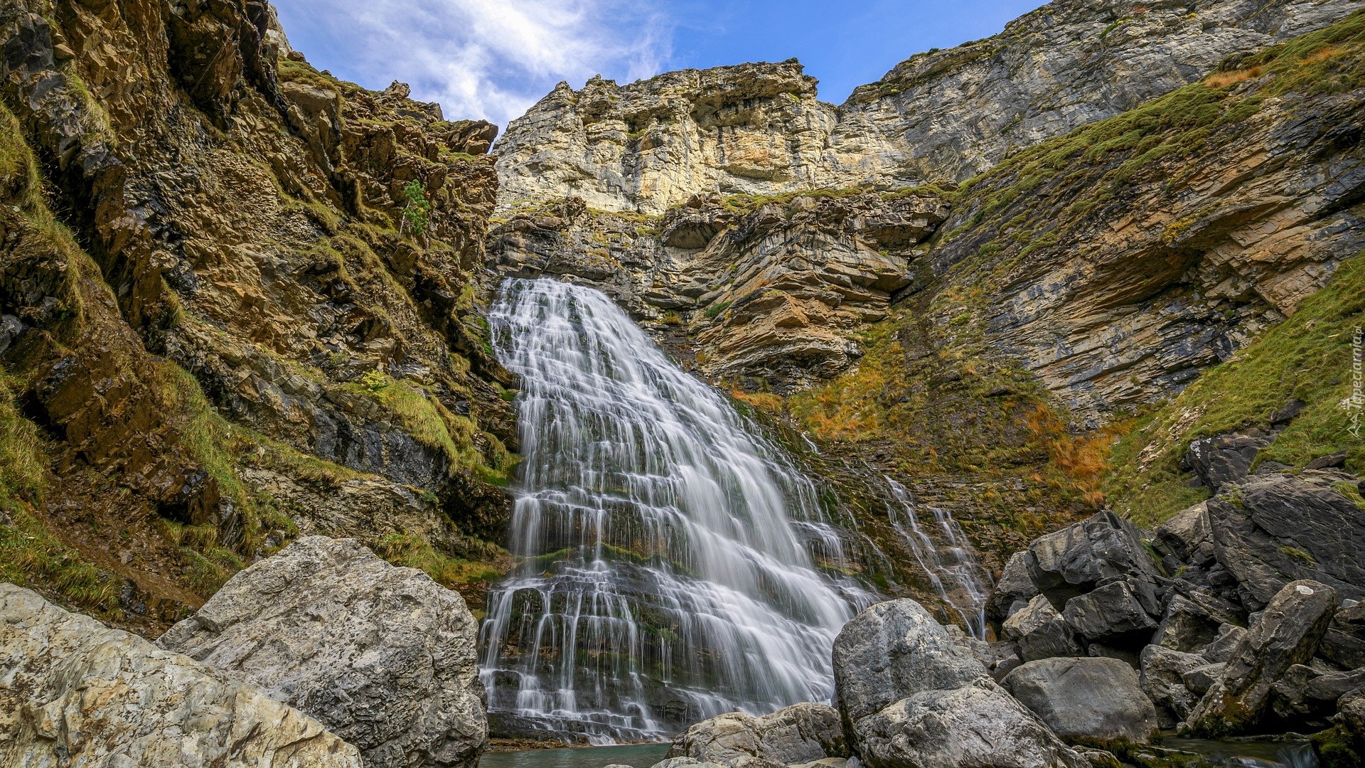 Skały, Kamienie, Wodospad, Cascada Cola de Caballo, Park Narodowy Ordesa y Monte Perdido, Hiszpania