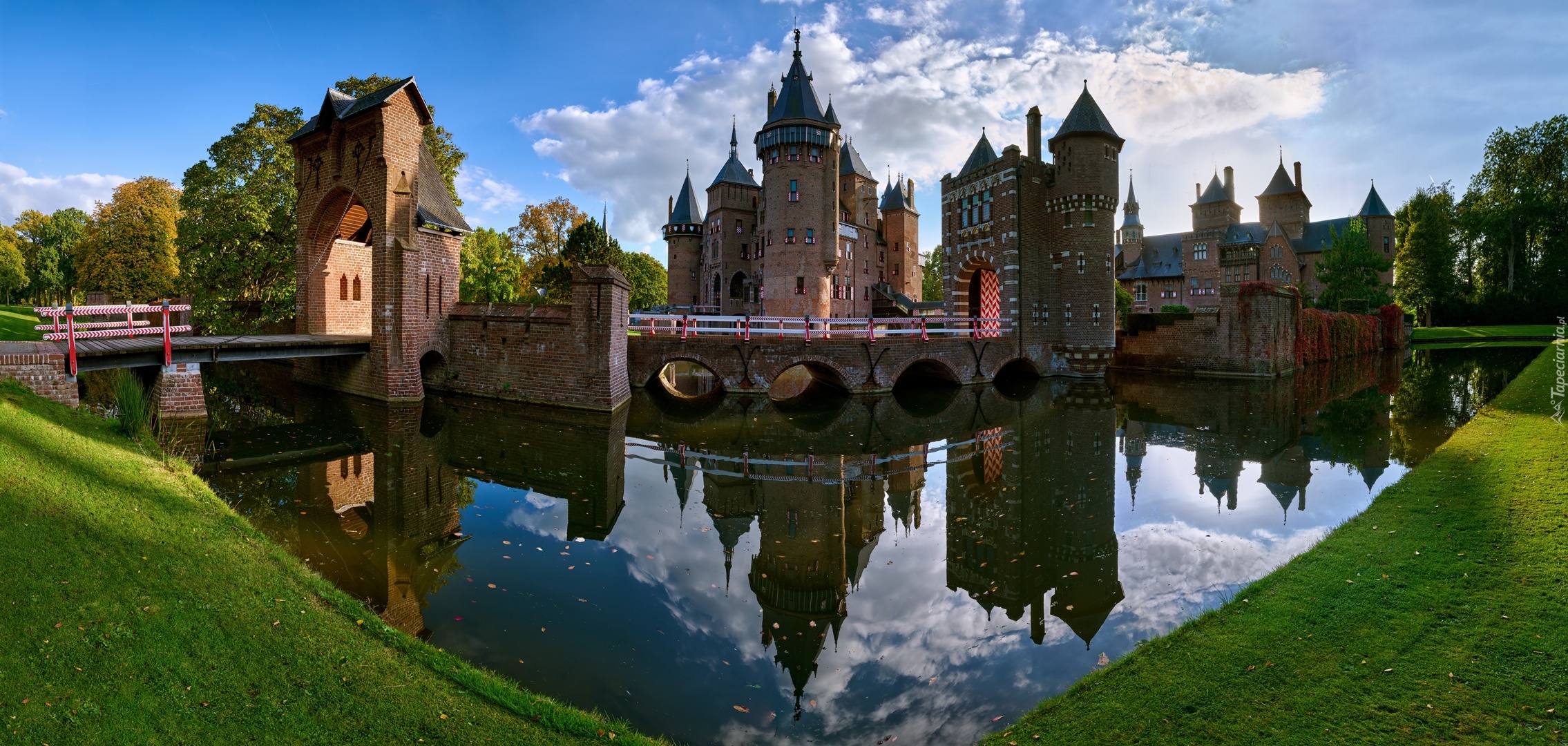 Holandia, Haarzuilens, Zamek, Castle De Haar, Wieża, Most, Staw, Odbicie