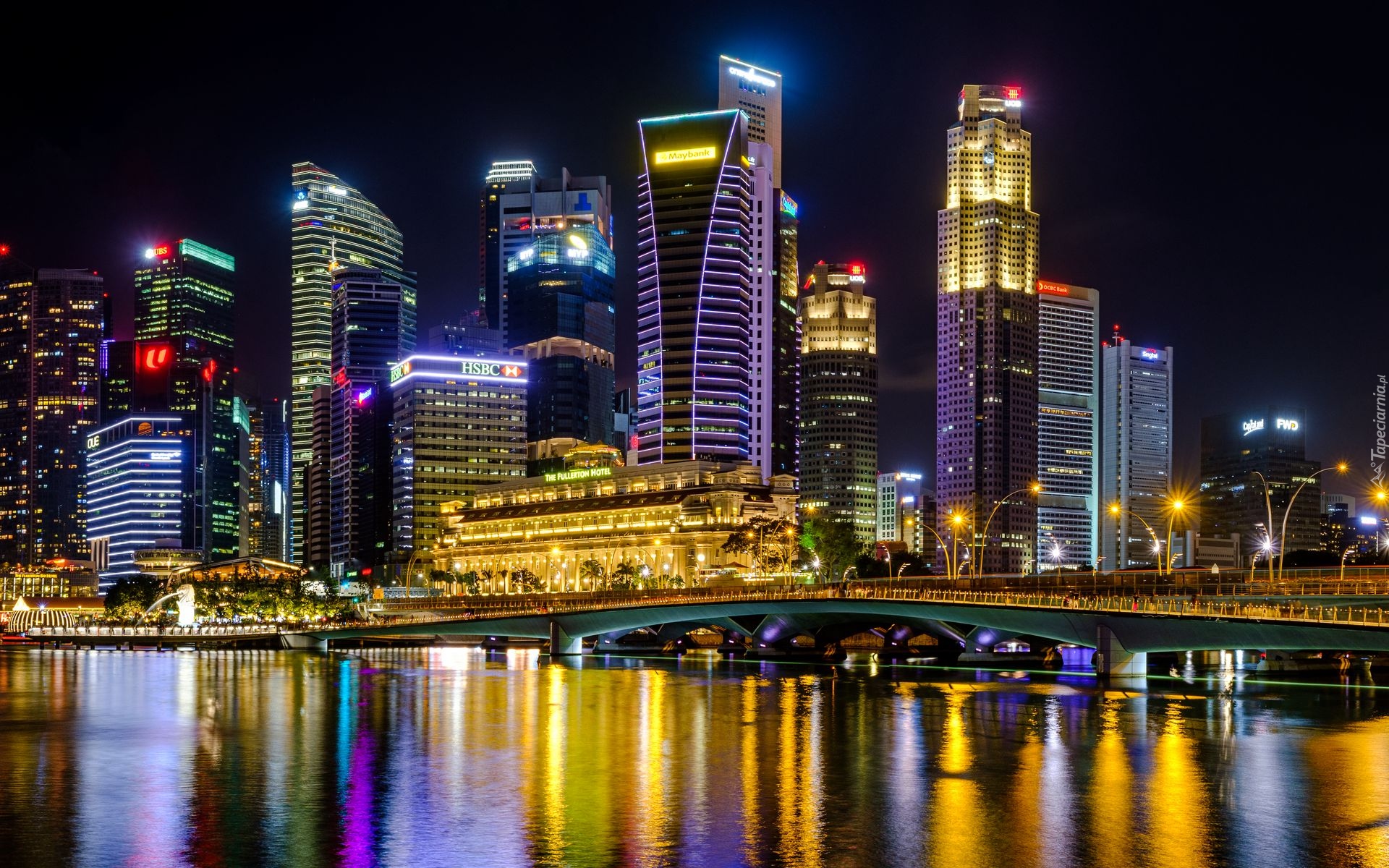 Wieżowce, Oświetlone, Central Business District, Most, Promenada Esplanade, Noc, Most, Singapur