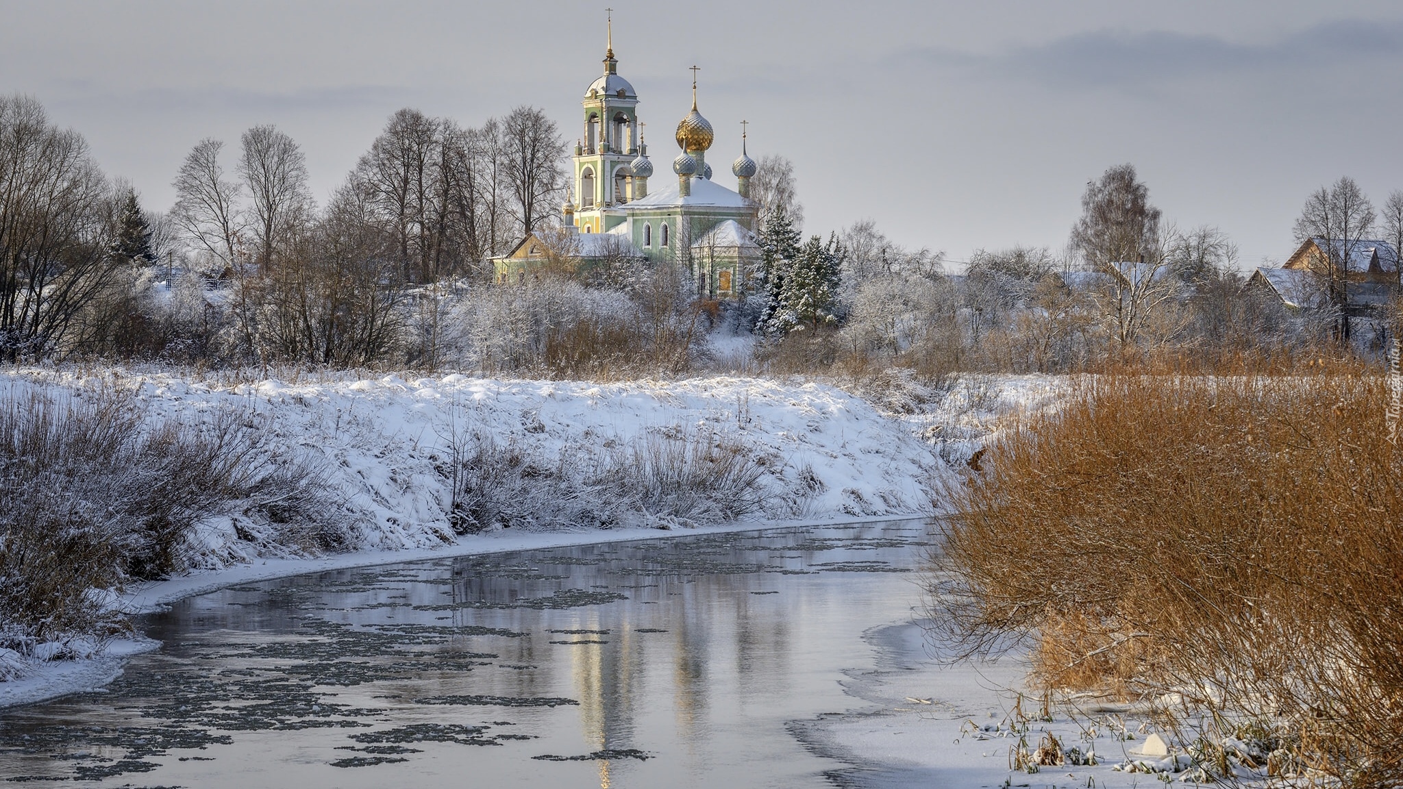 Zima, Rzeka, Cerkiew, Drzewa, Śnieg, Rosja