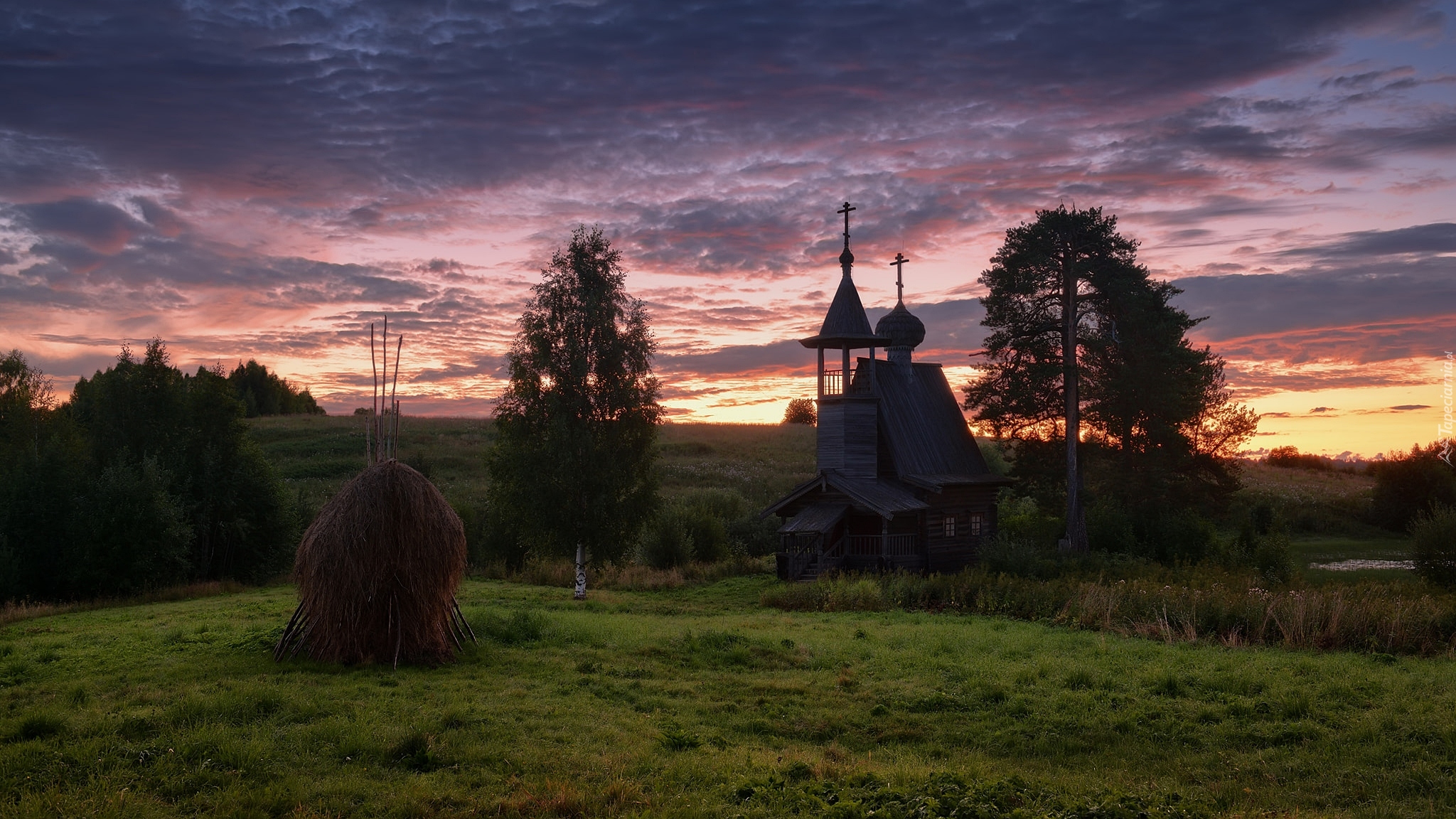 Cerkiew, Łąka, Zachód słońca, Drzewa