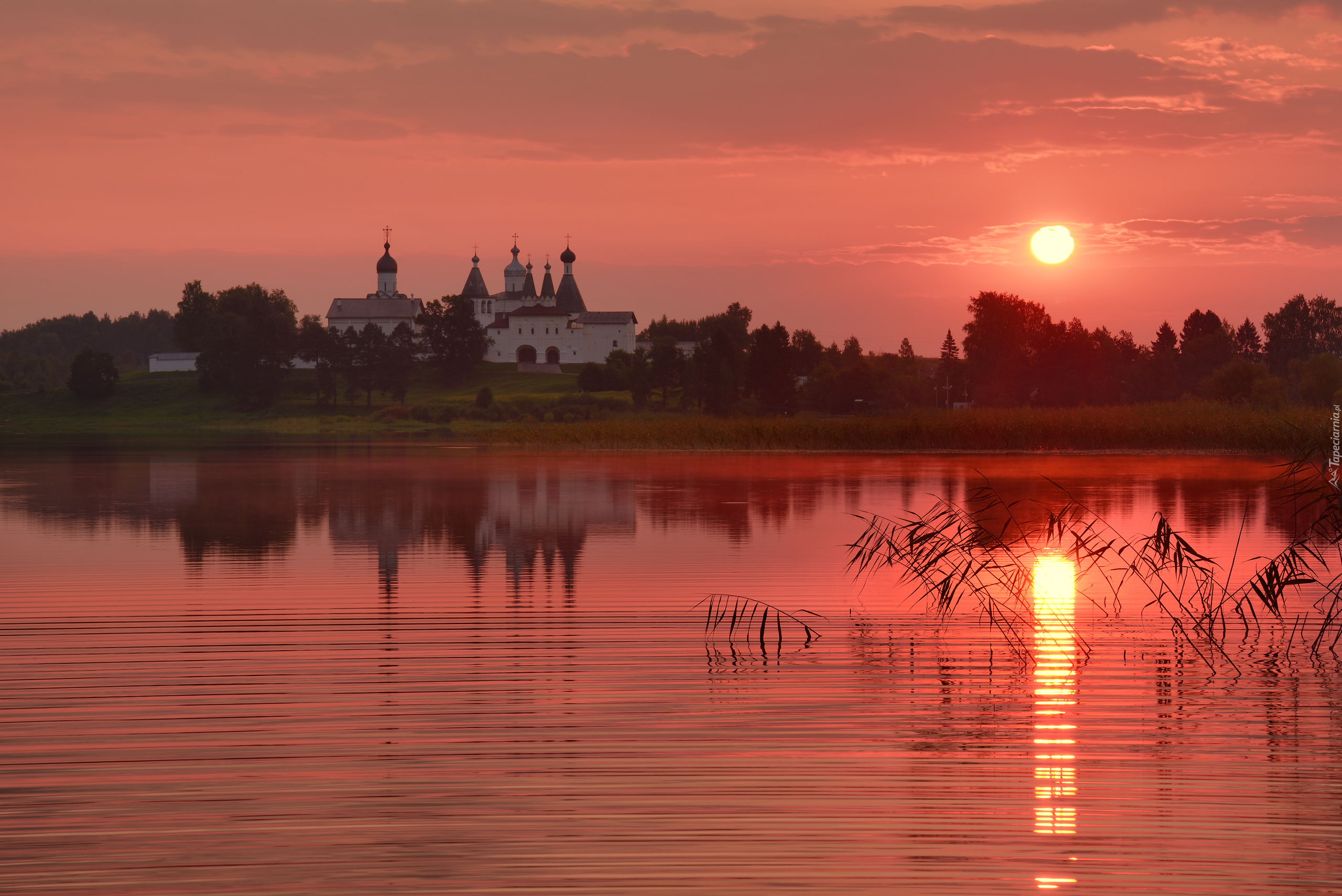 Cerkiew, Jezioro, Drzewa, Zachód słońca