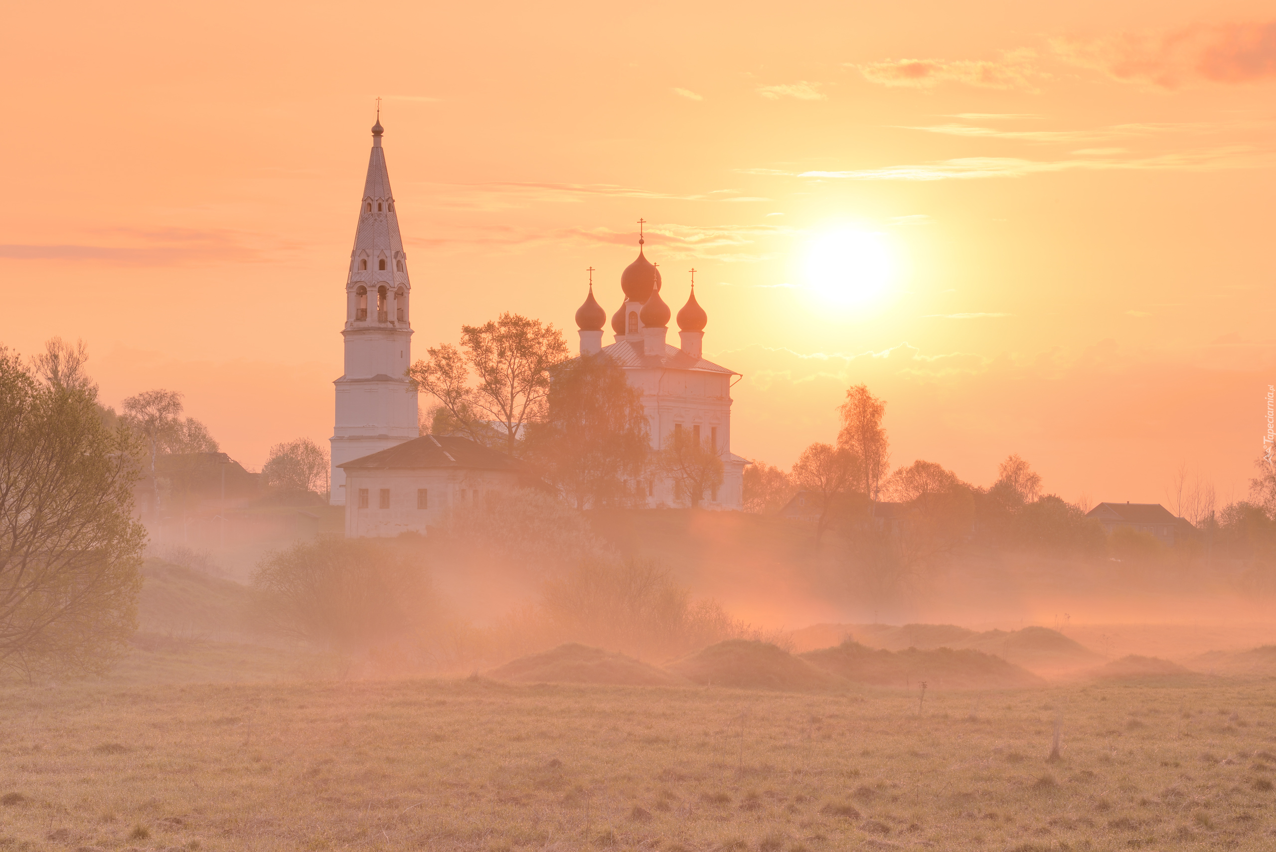 Wschód słońca, Mgła, Drzewa, Cerkiew