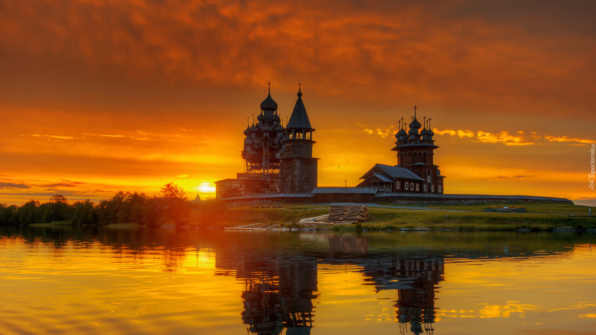 Rosja, Republika Karelia, Wyspa Kiży, Jezioro Onega, Drewniana, Cerkiew, Zachód słońca