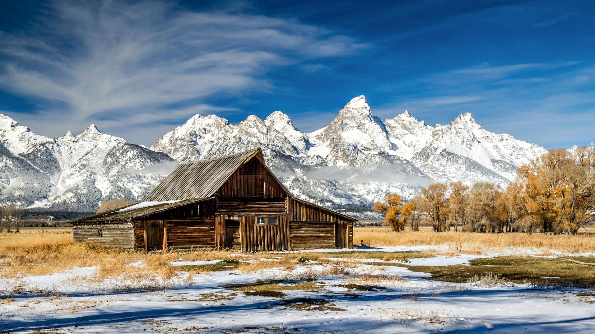 Drewniana, Chata, Góry Teton Range, Śnieg, Drzewa, Park Narodowy Grand Teton, Stan Wyoming, Stany Zjednoczone
