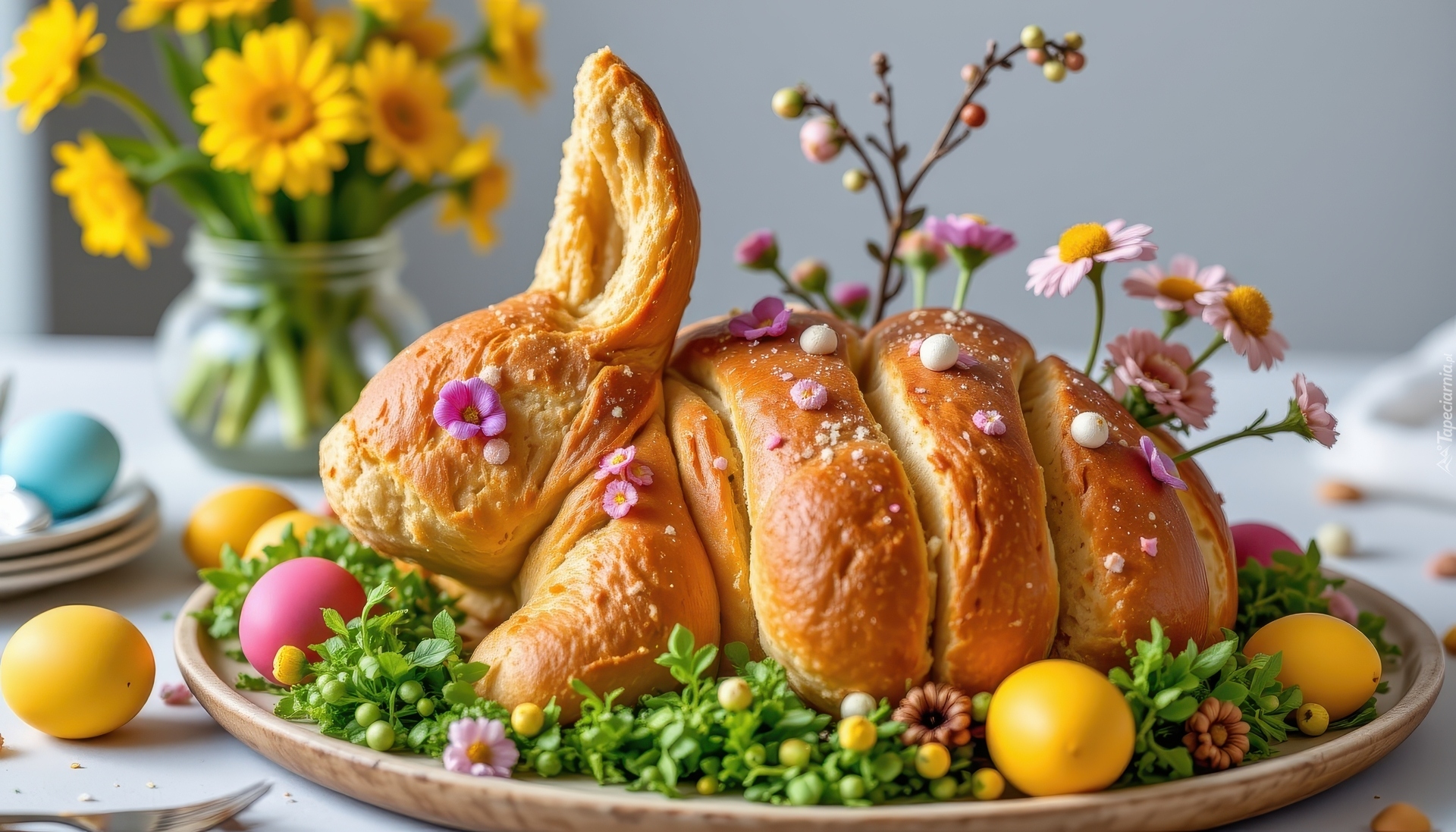 Wielkanoc, Królik, Chleb, Kwiaty, Jajka, Taca, Stół