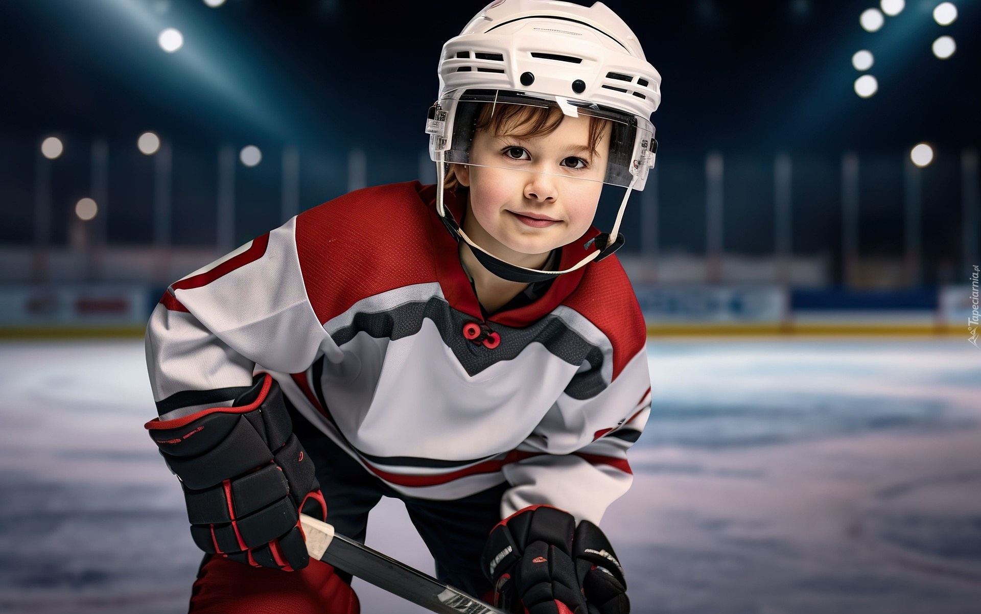 Hokeista, Hokej, Zawodnik, Chłopiec, Kask, Rękawice, Kij