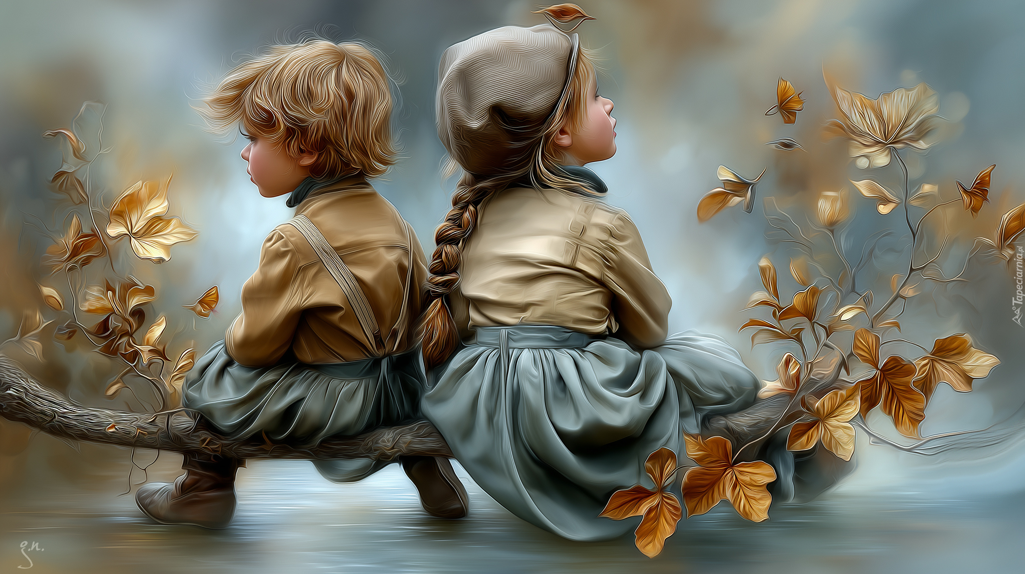 Chłopiec, Dziewczynka, Gałąź, Grafika AI