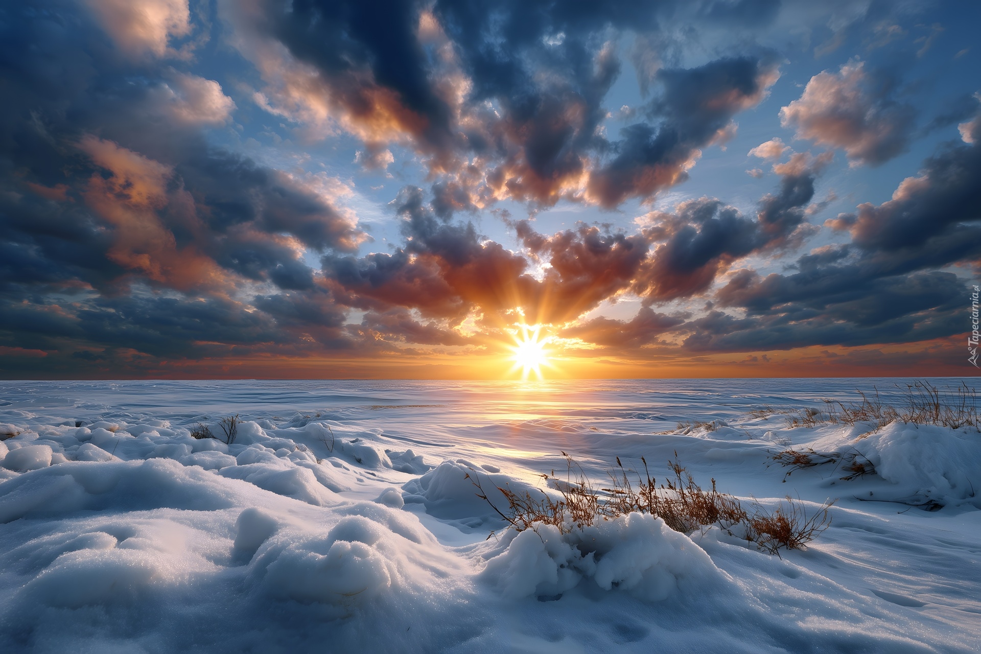 Zima, Ośnieżone, Pole, Chmury, Zachód słońca, Grafika AI