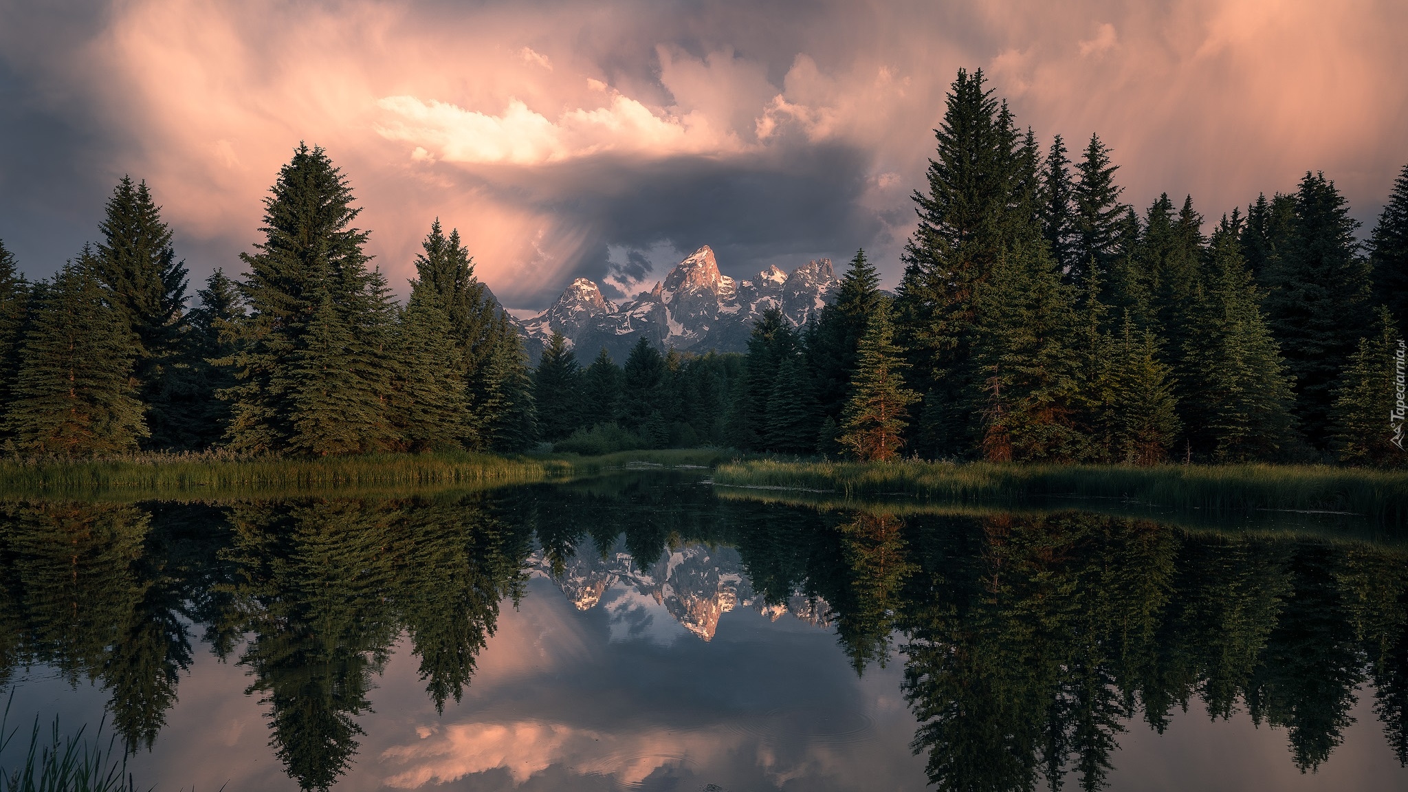 Stany Zjednoczone, Wyoming, Park Narodowy Grand Teton, Góry, Grand Teton, Rzeka, Snake River, Drzewa, Zachód słońca, Chmury