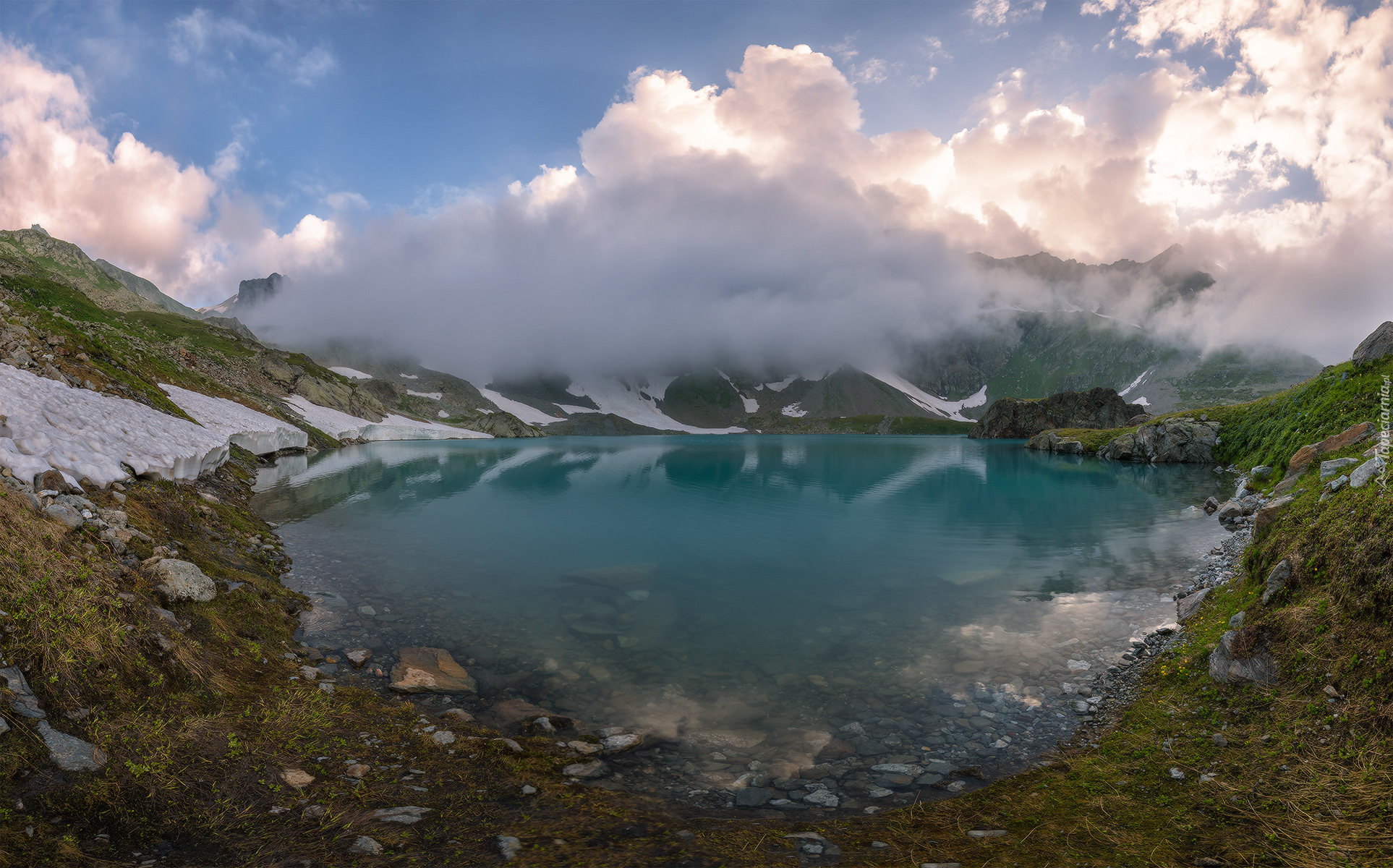 Jezioro, Góry, Kaukaz, Chmury, Imeretia, Gruzja