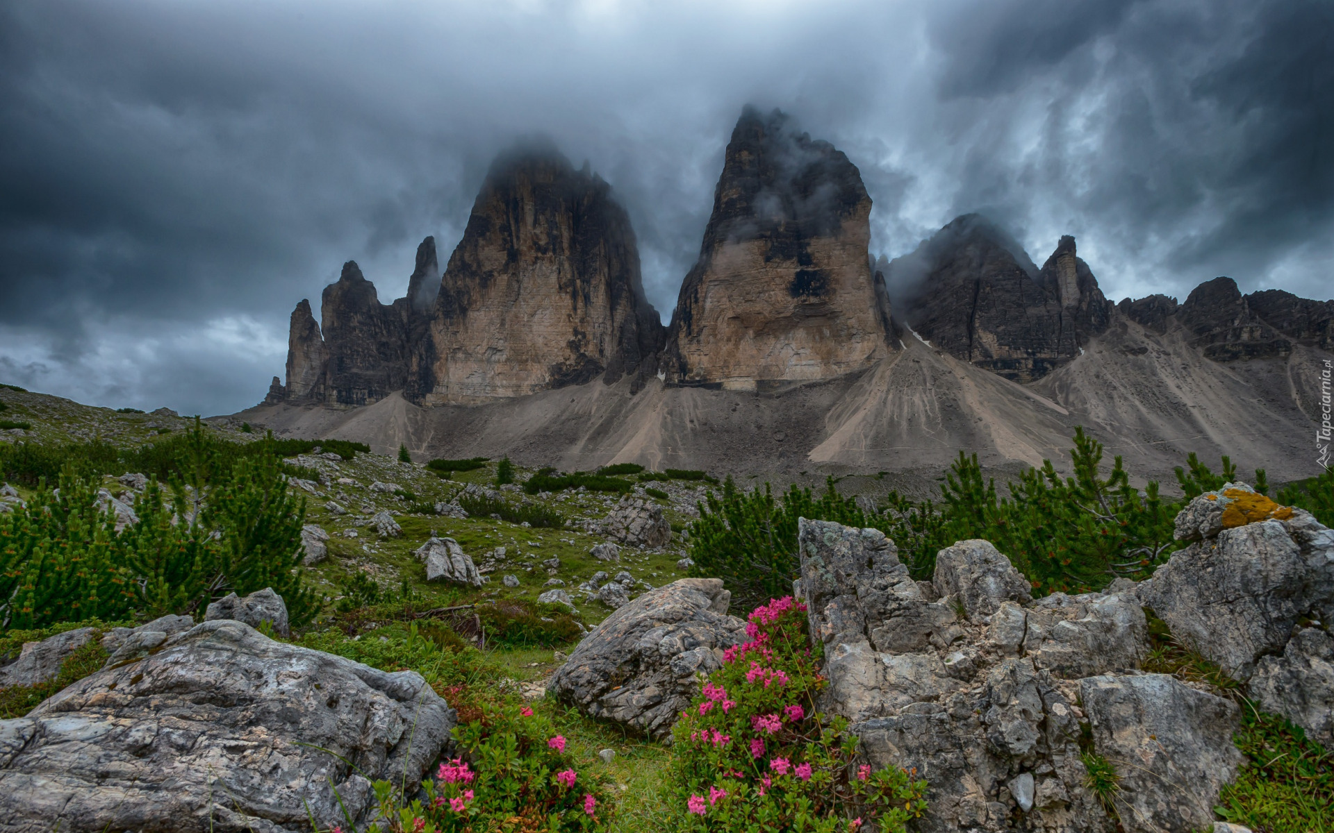 Góry, Dolomity, Szczyty, Tre Cime di Lavaredo, Chmury, Skały, Krzewy, Roślinność, Włochy