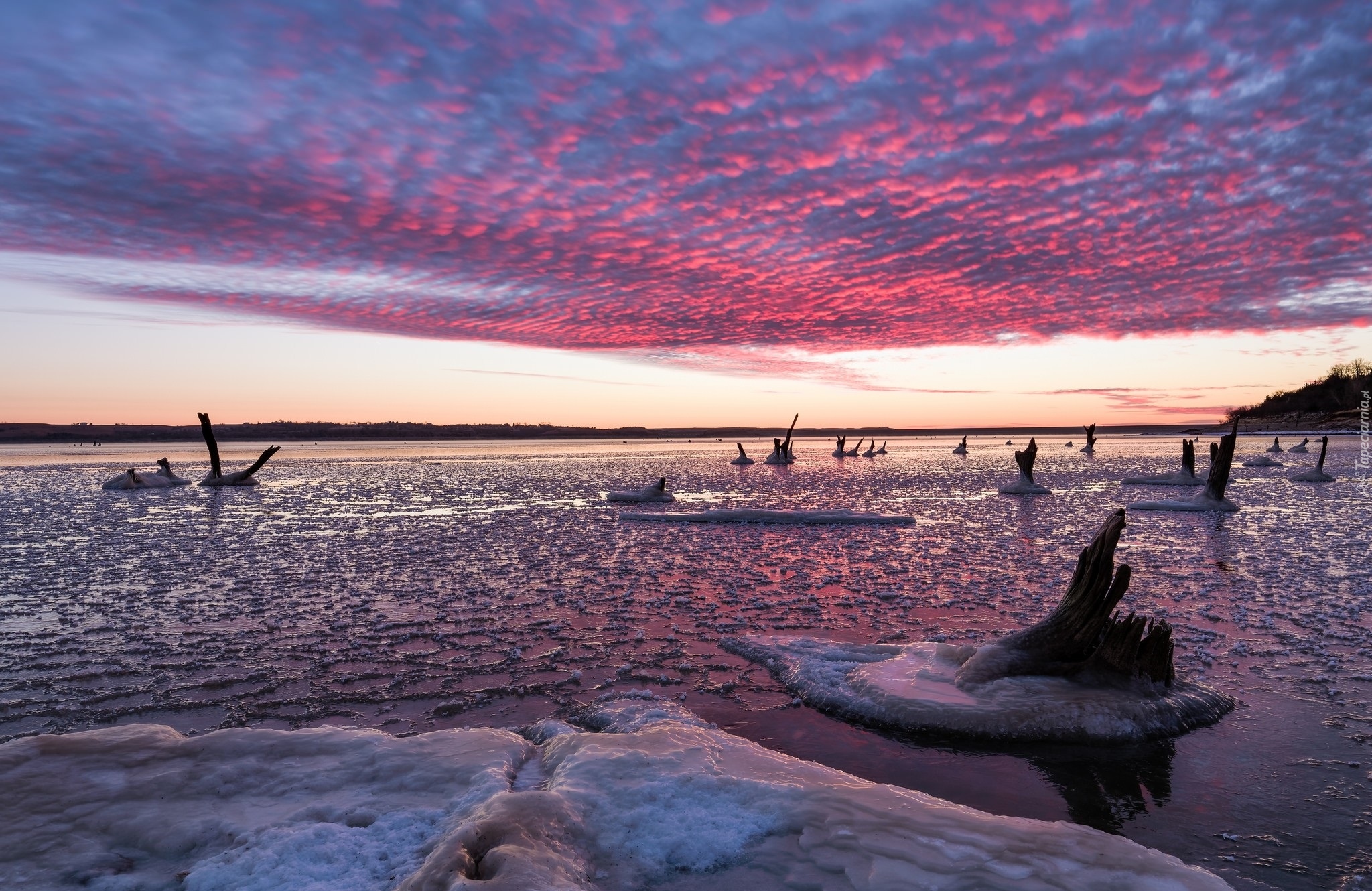 Stany Zjednoczone, Stan Kansas, Tuttle Creek Lake, Jezioro, Lód, Chmury