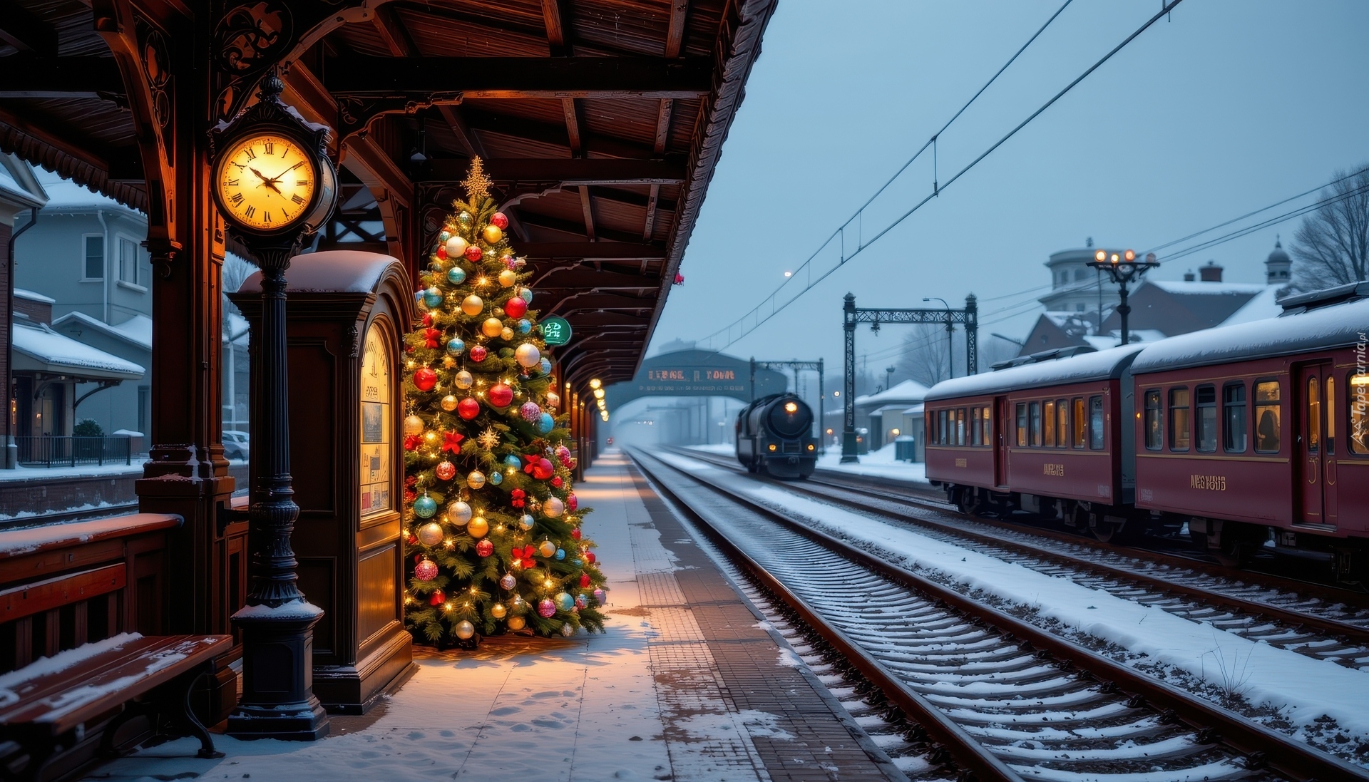 Boże Narodzenie, Zima, Choinka, Zegar, Pociąg, Peron