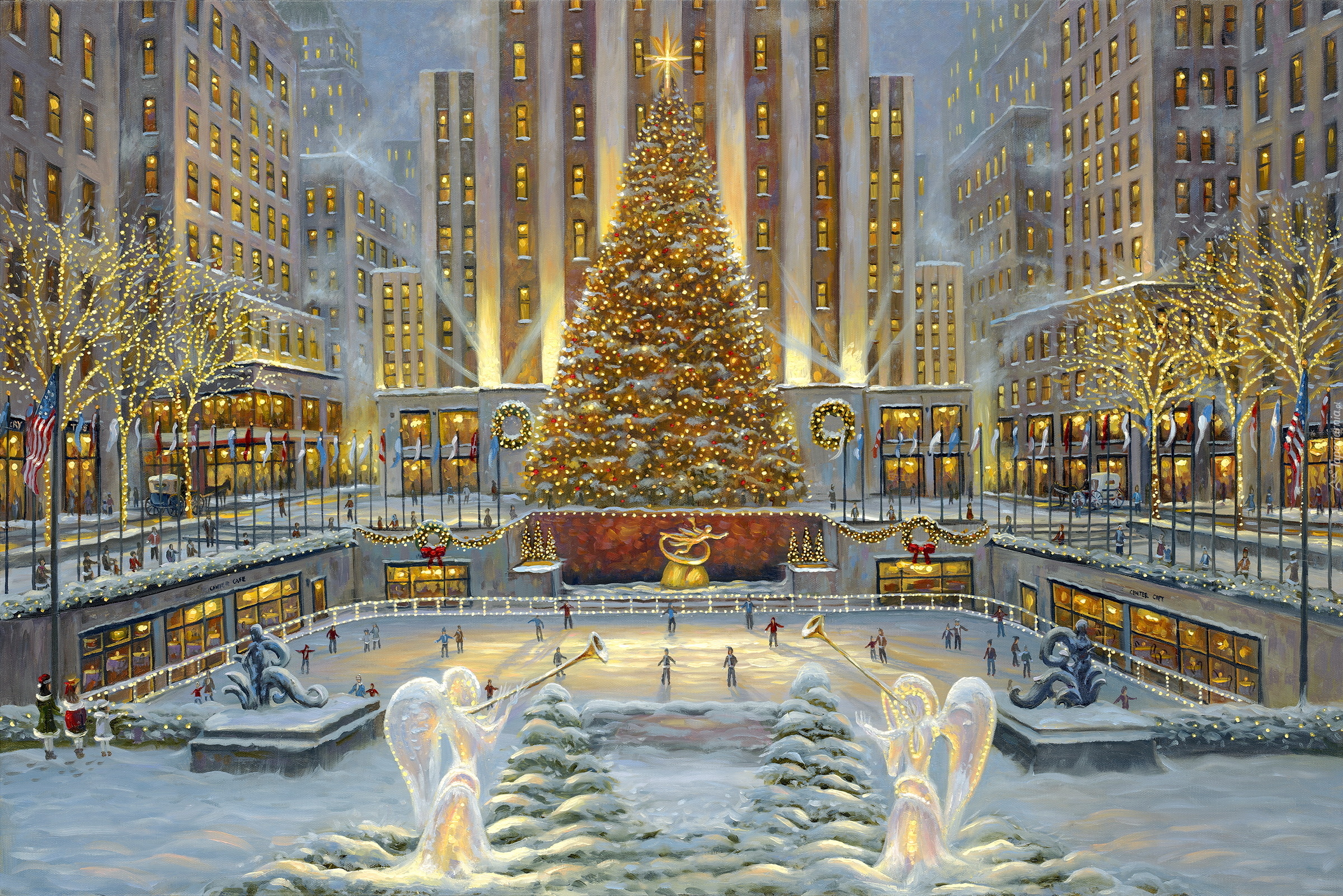 Boże Narodzenie, Choinka, Lodowisko, Budynki, Rockefeller Center, Nowy Jork, Stany Zjednoczone