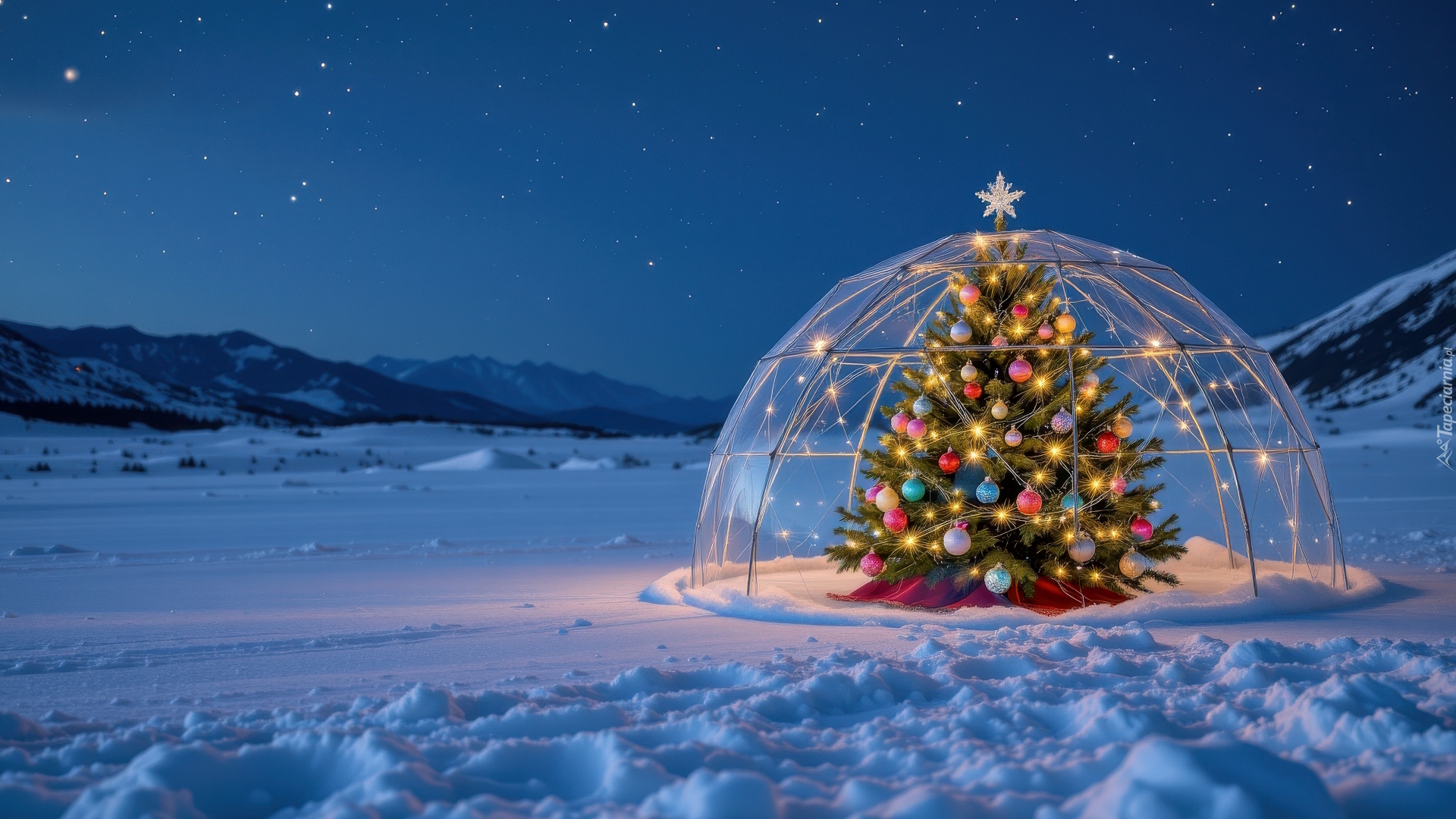 Zima, Góry, Szklane, Igloo, Choinka, Boże Narodzenie