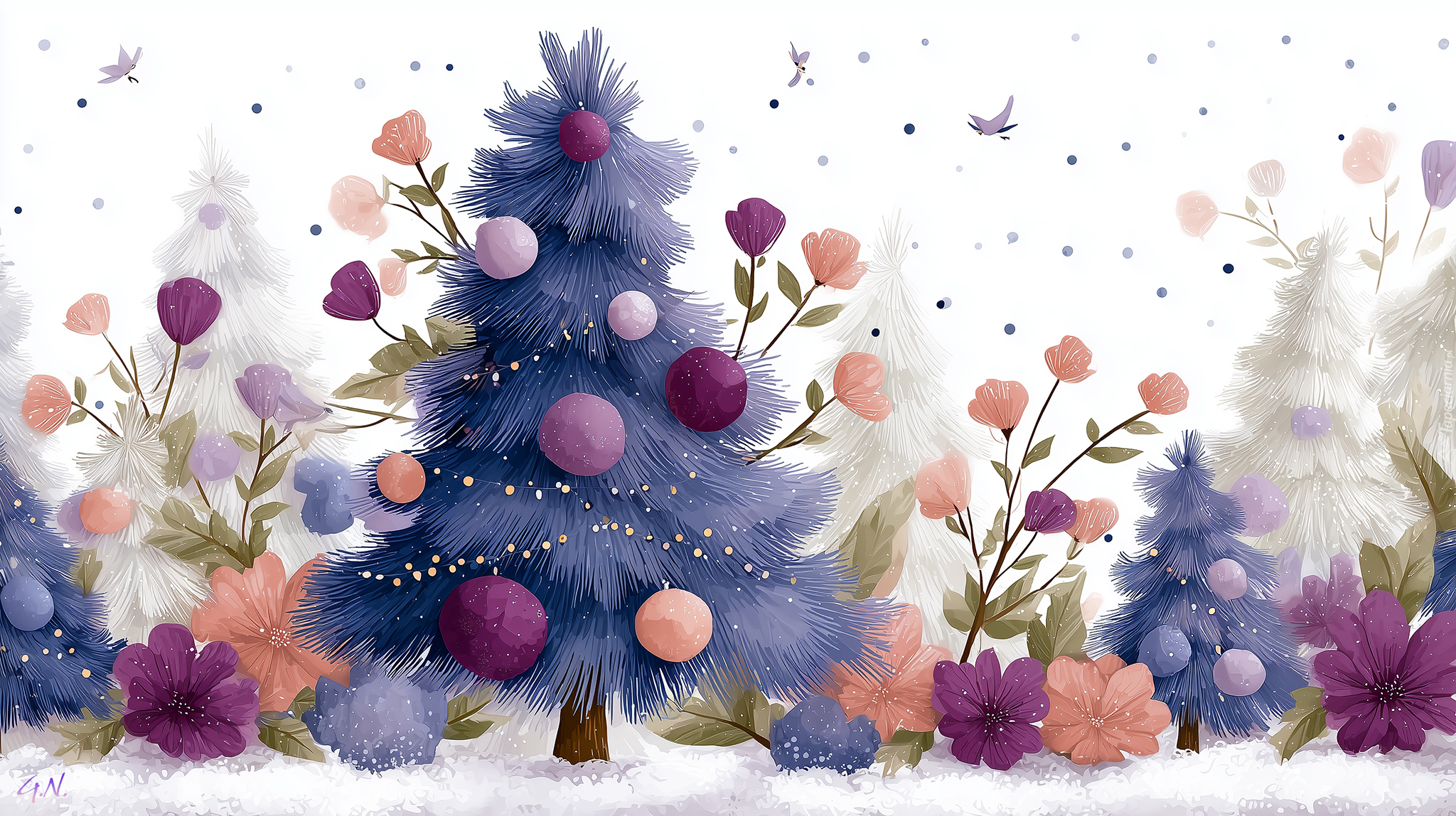 Choinka, Bombki, Kwiaty, Grafika AI, Boże Narodzenie