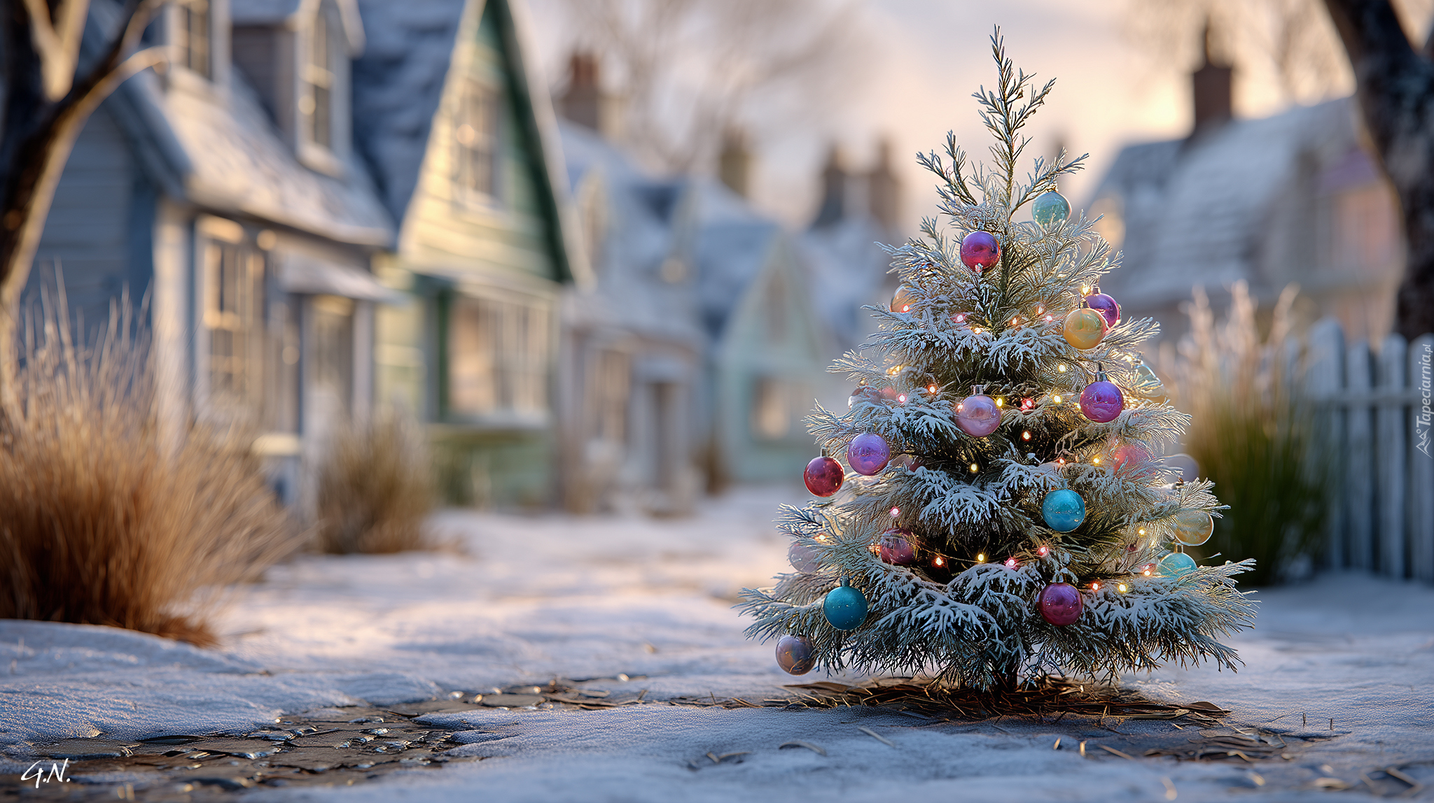 Boże Narodzenie, Choinka, Bombki, Domy, Zima, Grafika AI