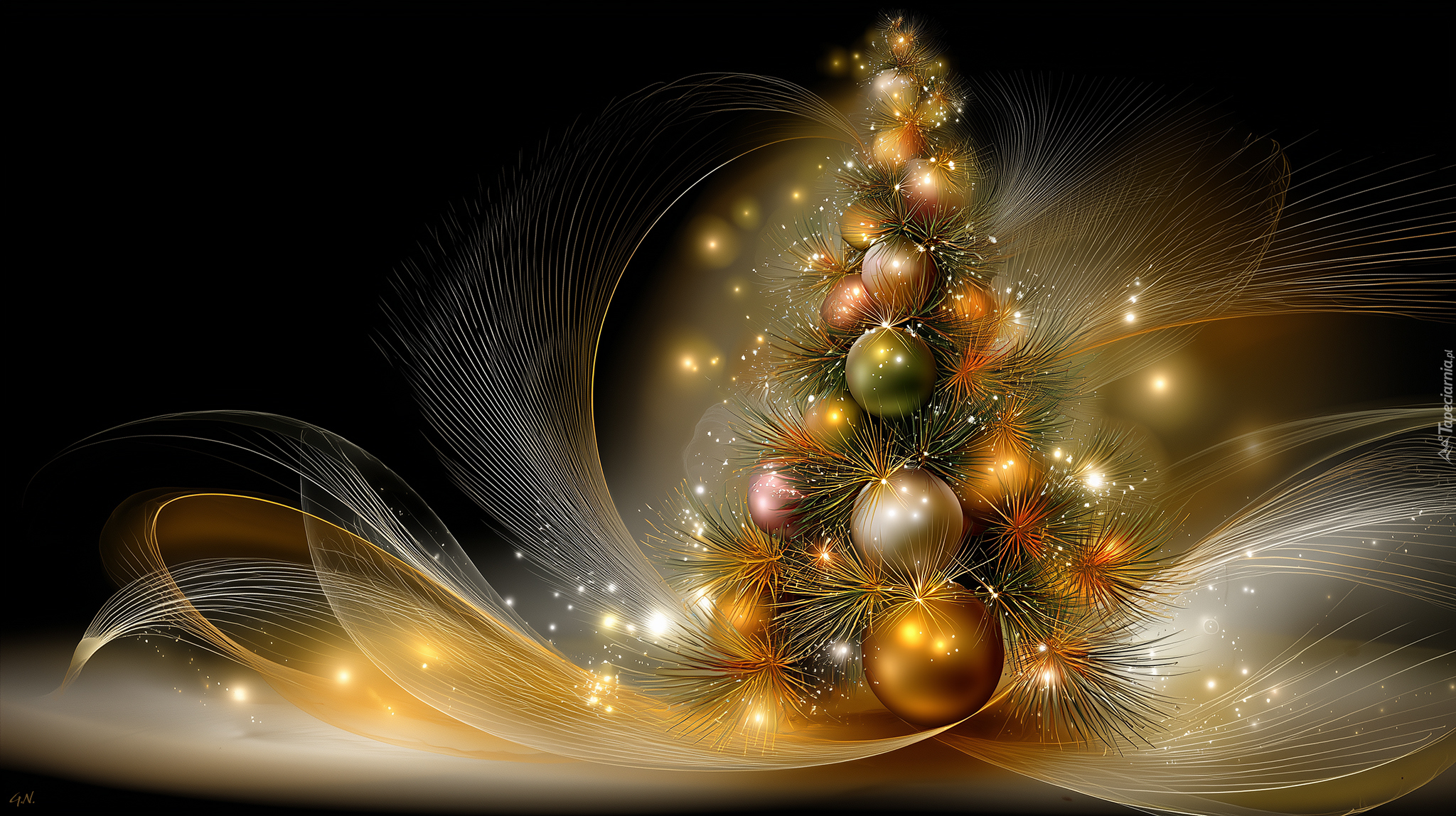 Boże Narodzenie, Choinka, Kolorowe, Bombki, Smugi, Grafika AI