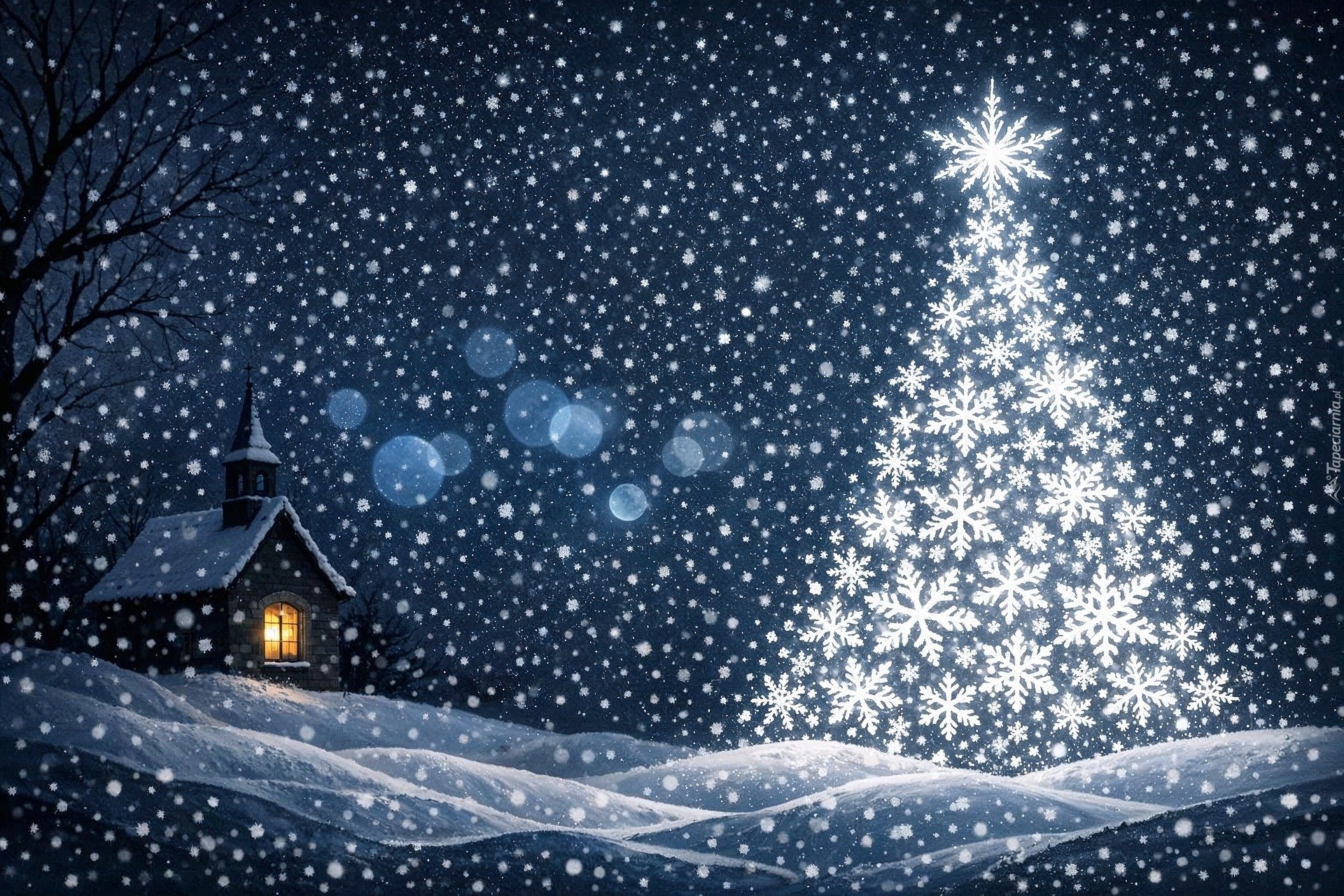 Zima, Świąteczne, Choinka, Płatki śniegu, Kościół, Śnieg, Grafika