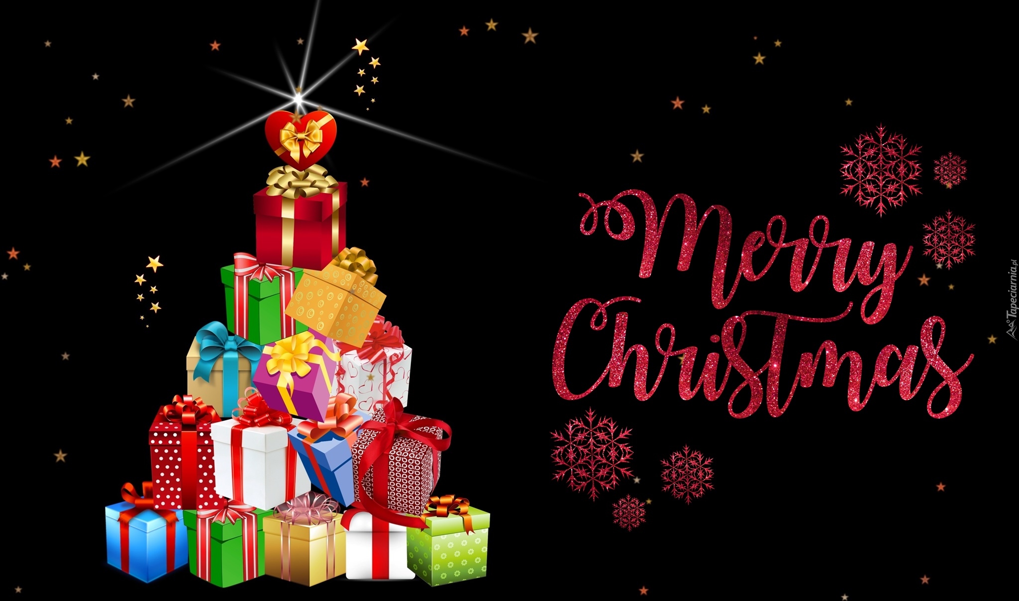 Boże Narodzenie, Choinka, Prezenty, Napis, Merry Christmas, Grafika 2D