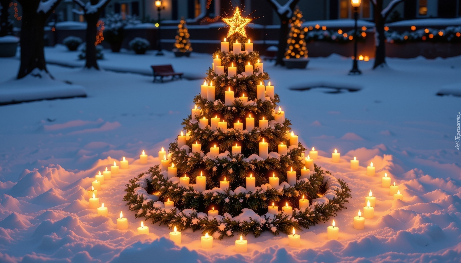 Zima, Choinka, Świece, Śnieg