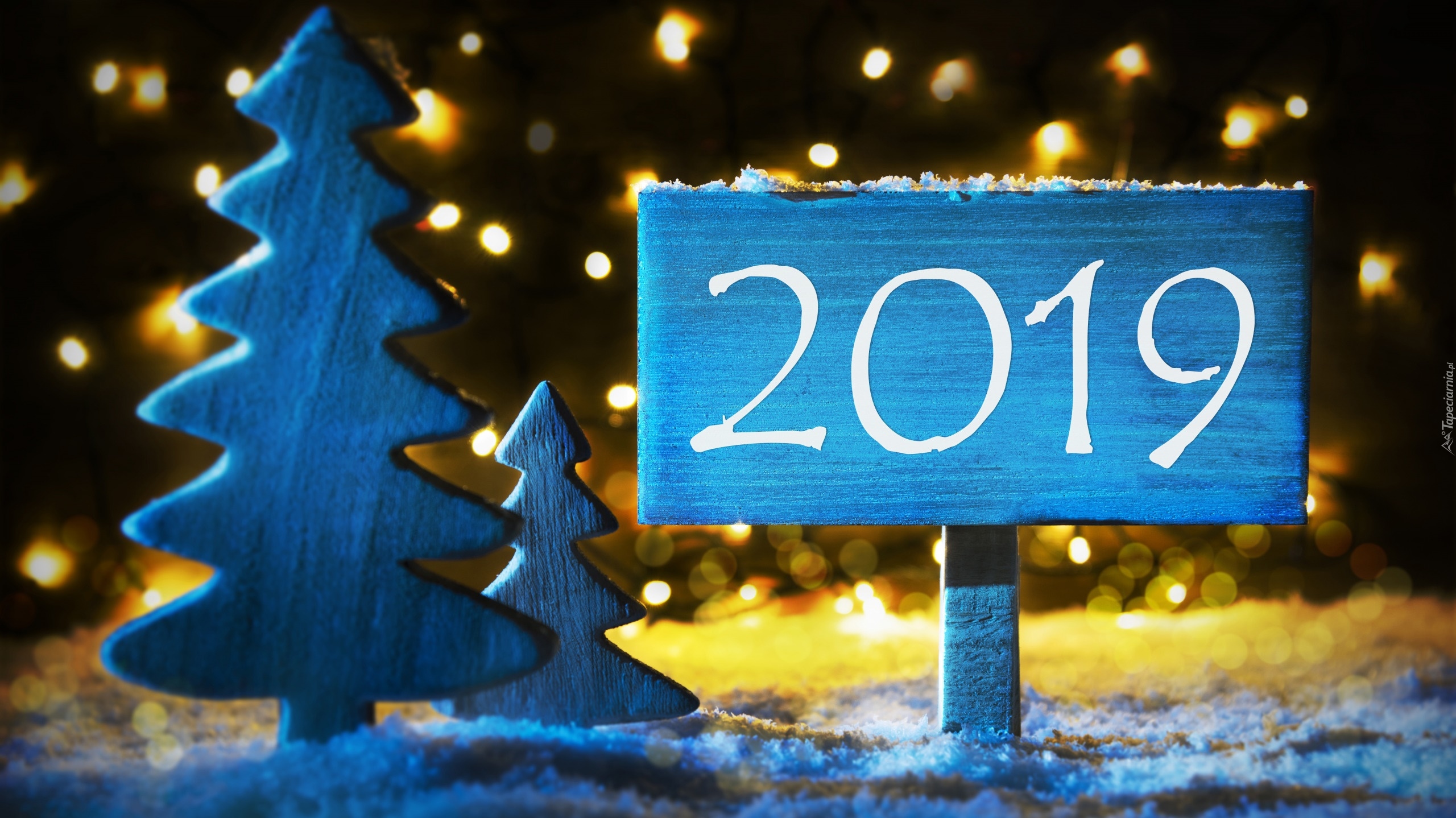 Nowy Rok, 2019, Drewniane, Niebieskie, Choinki, Śnieg, Światełka